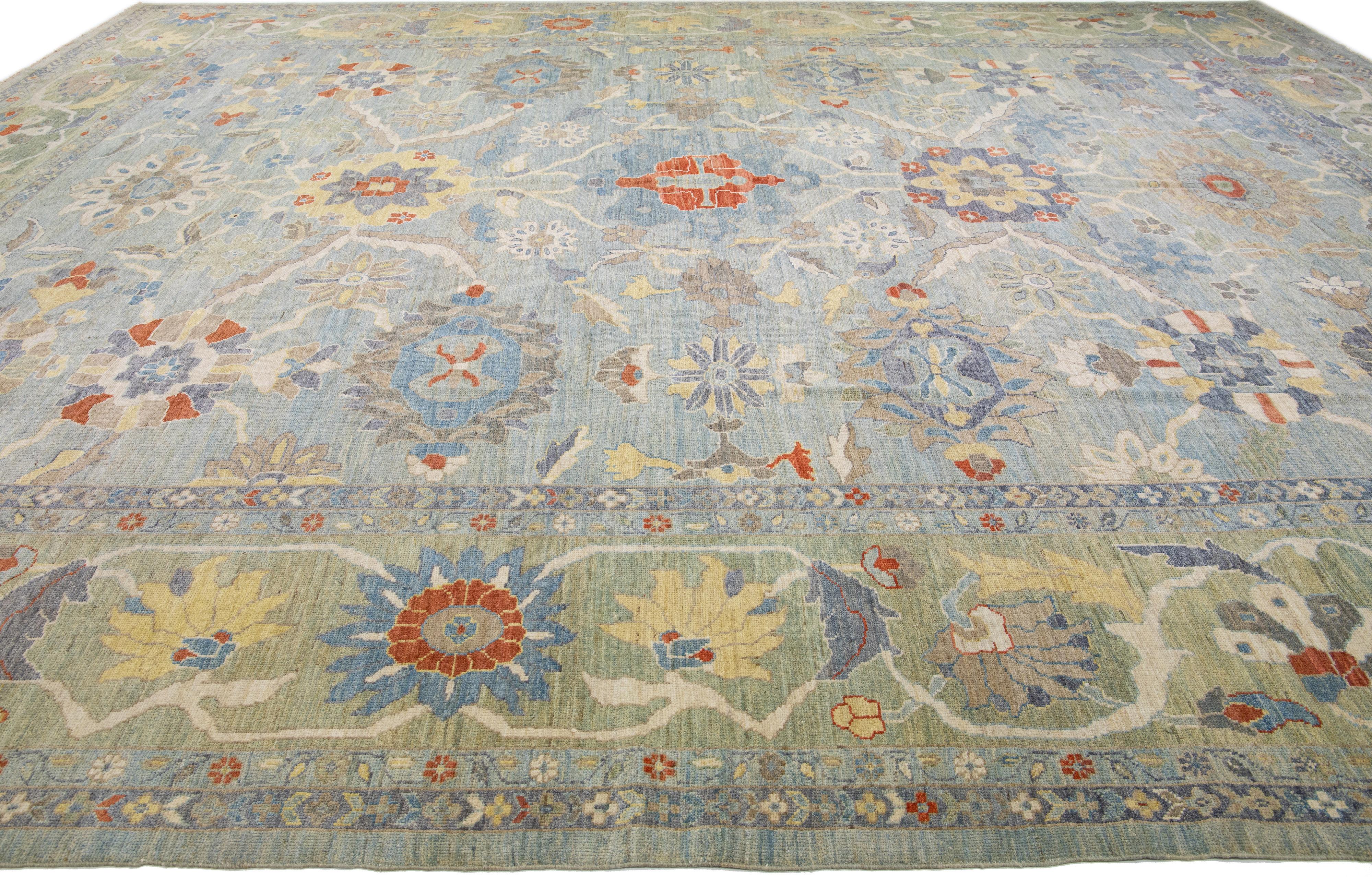 Hand-Knotted Contemporary Sultanabad Blue Handmade Floral Motif Wool Rug For Sale