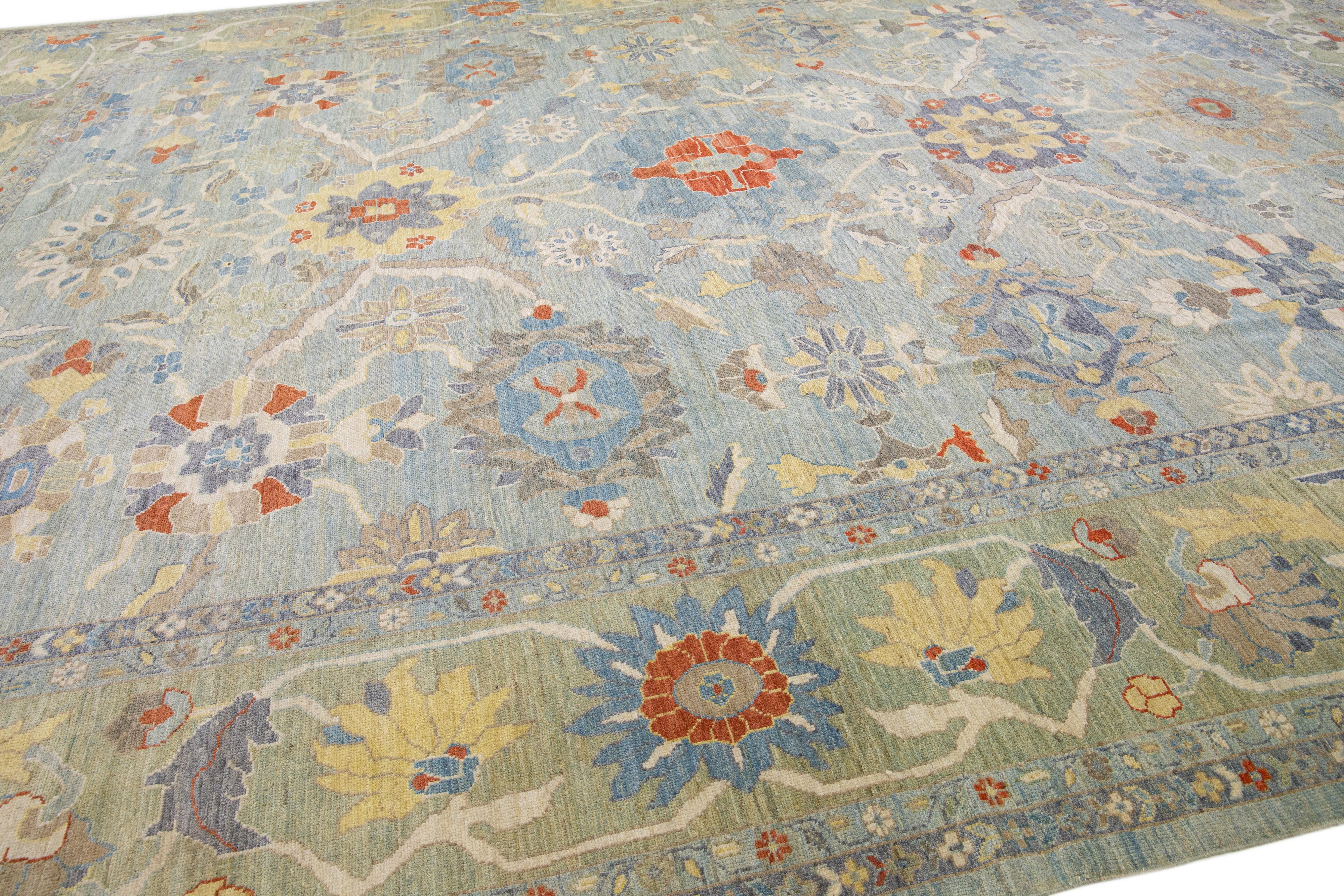 Contemporary Sultanabad Blue Handmade Floral Motif Wool Rug In New Condition For Sale In Norwalk, CT