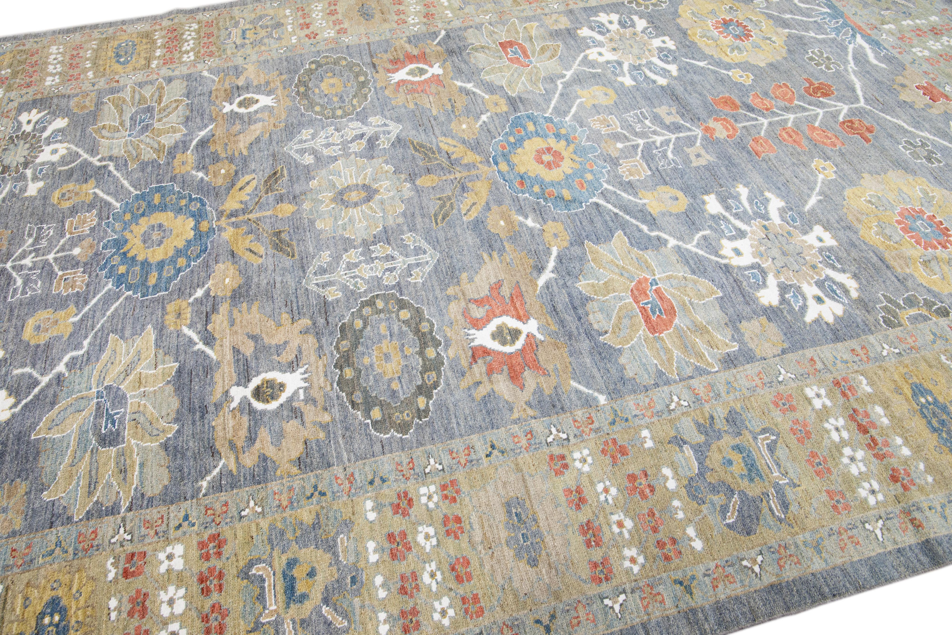 Contemporary Sultanabad Blue Handmade Floral Motif Wool Rug For Sale 1