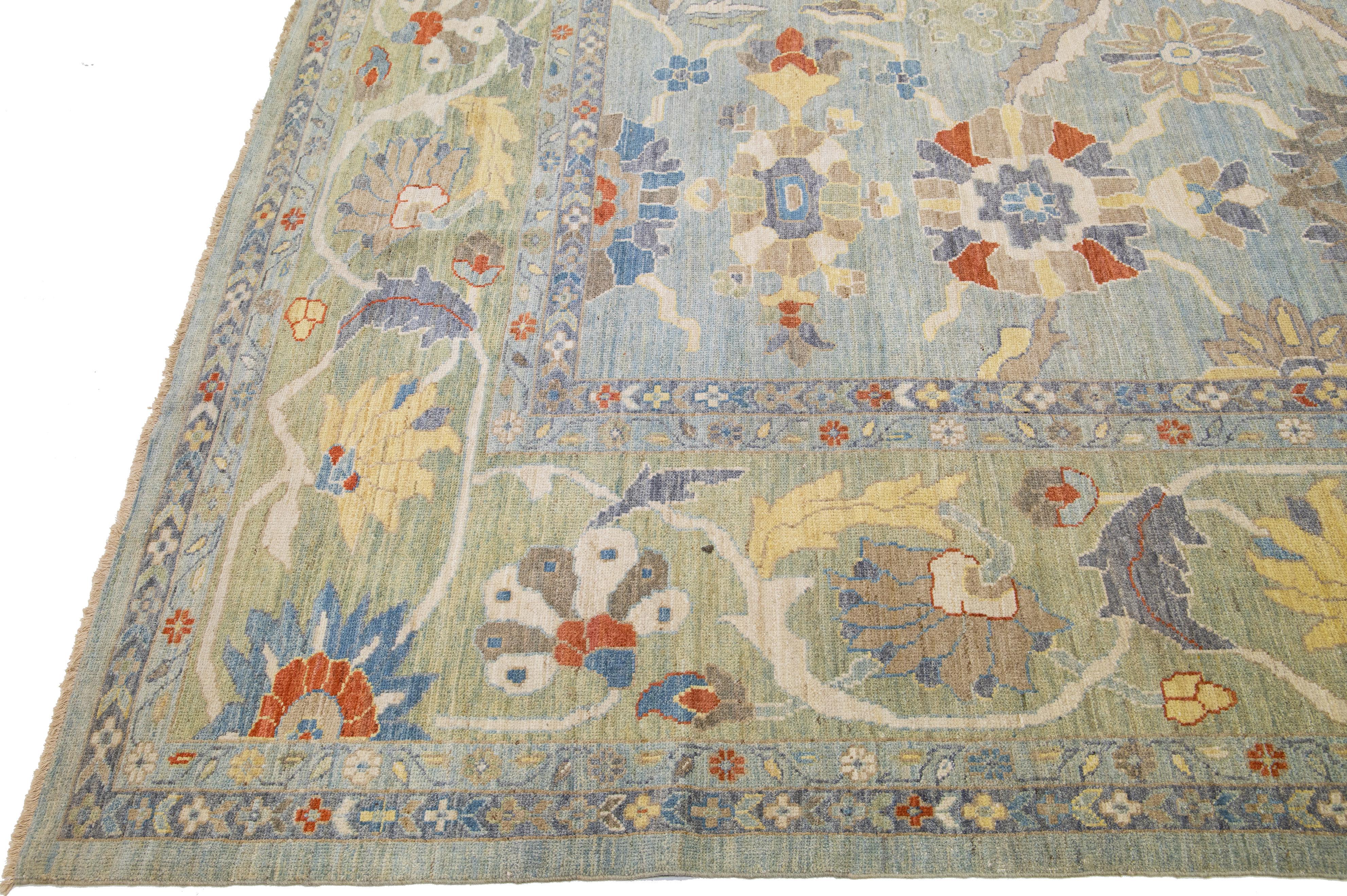 Contemporary Sultanabad Blue Handmade Floral Motif Wool Rug For Sale 1