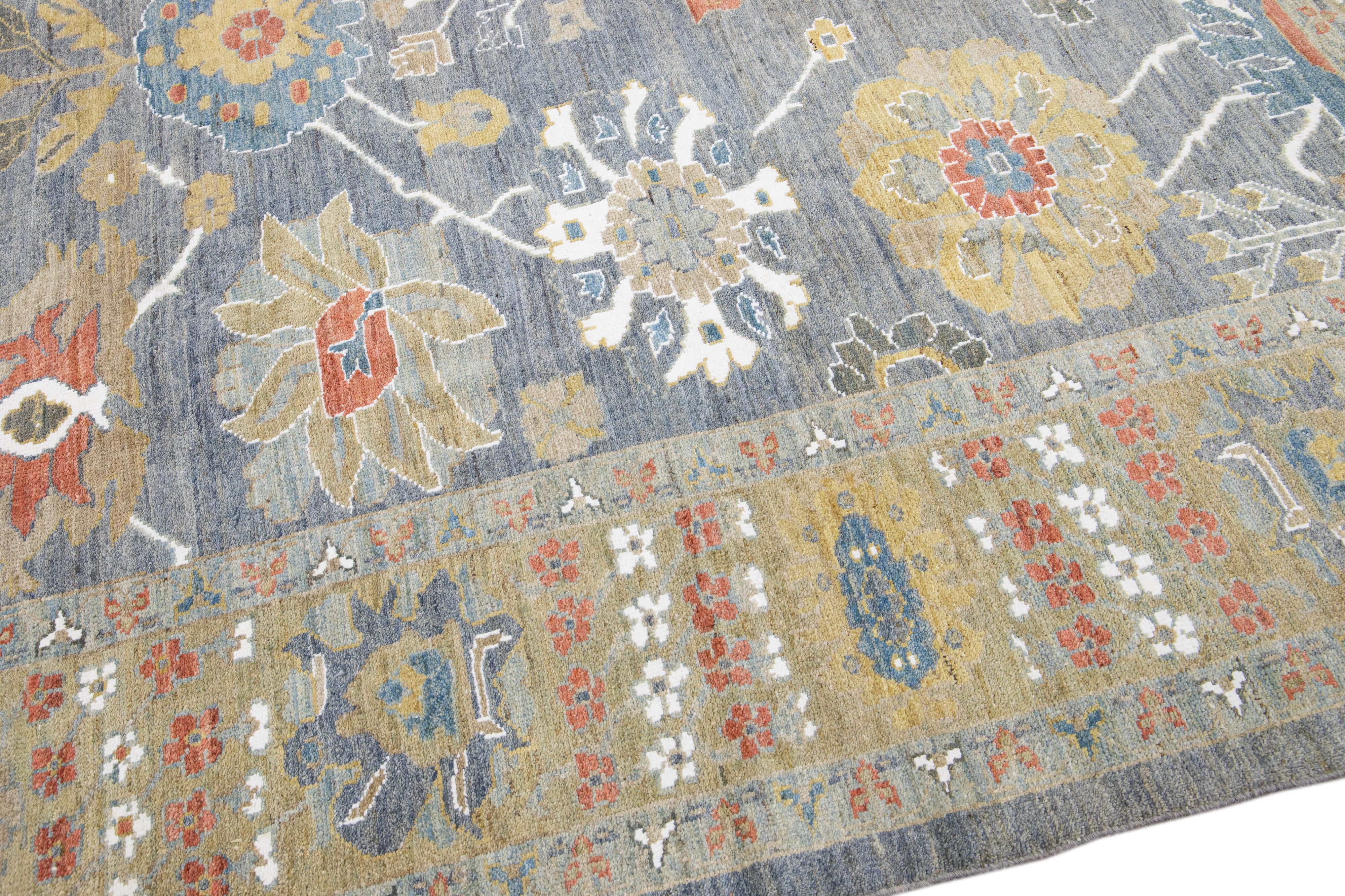 Contemporary Sultanabad Blue Handmade Floral Motif Wool Rug For Sale 2