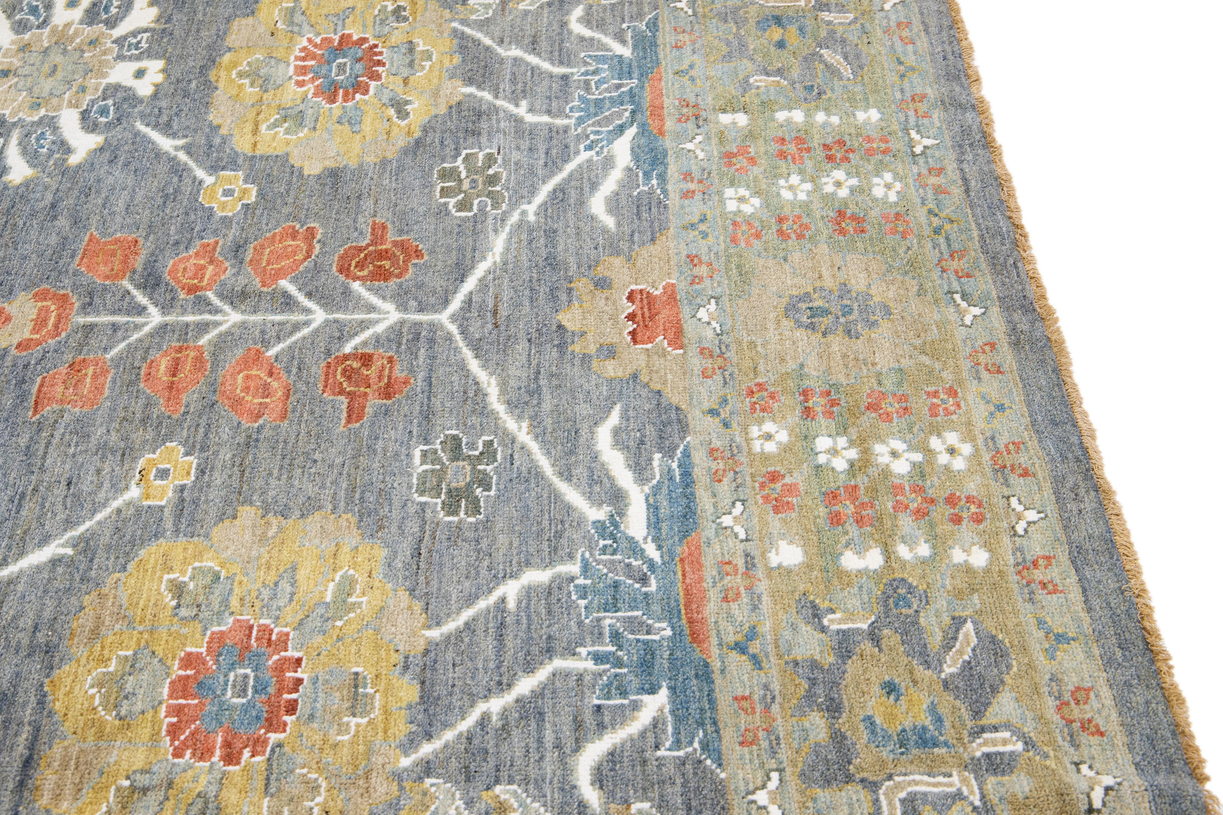 Contemporary Sultanabad Blue Handmade Floral Motif Wool Rug For Sale 3
