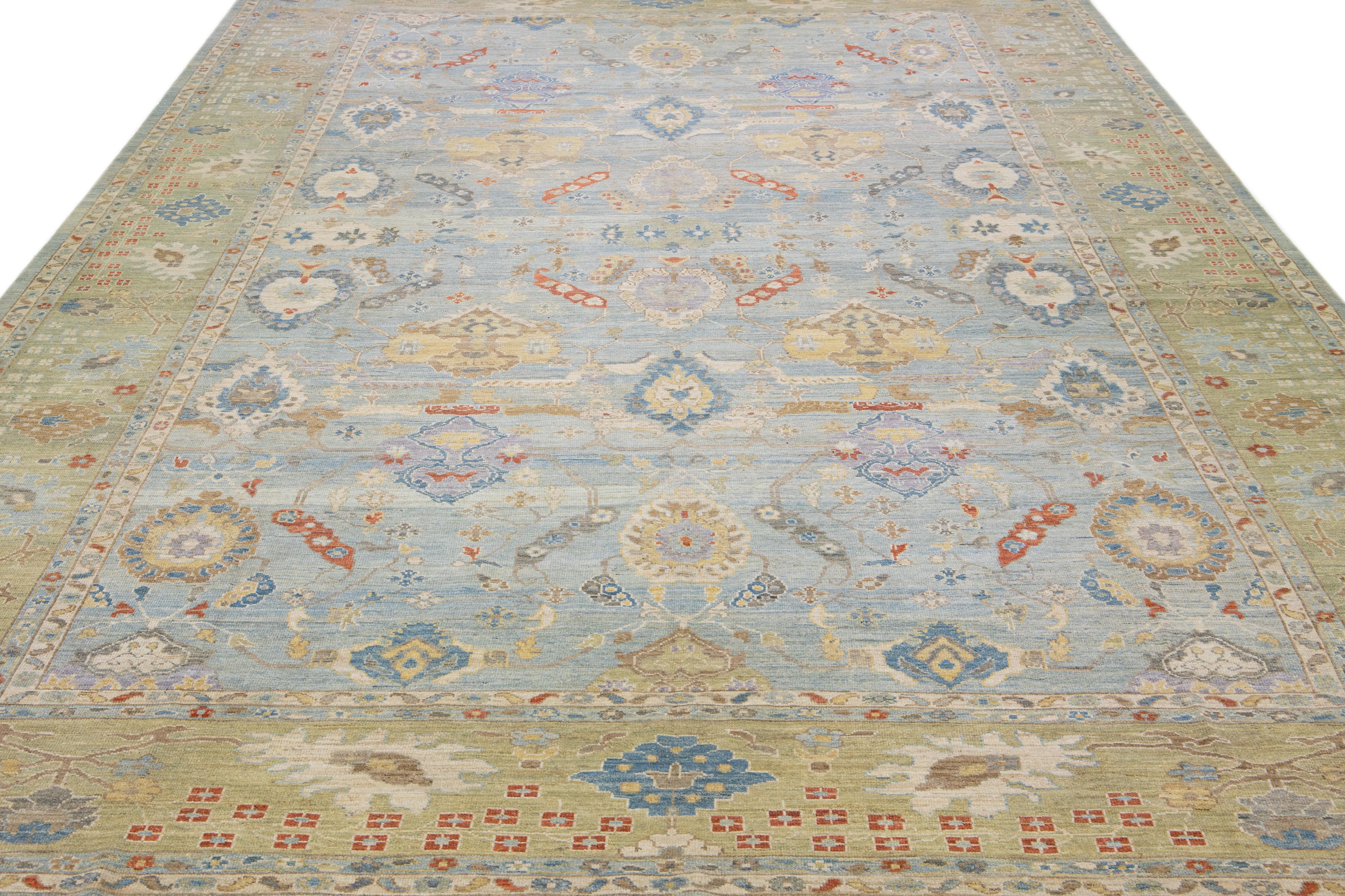 Persian Contemporary Sultanabad Blue Handmade Floral Pattern Wool Rug For Sale