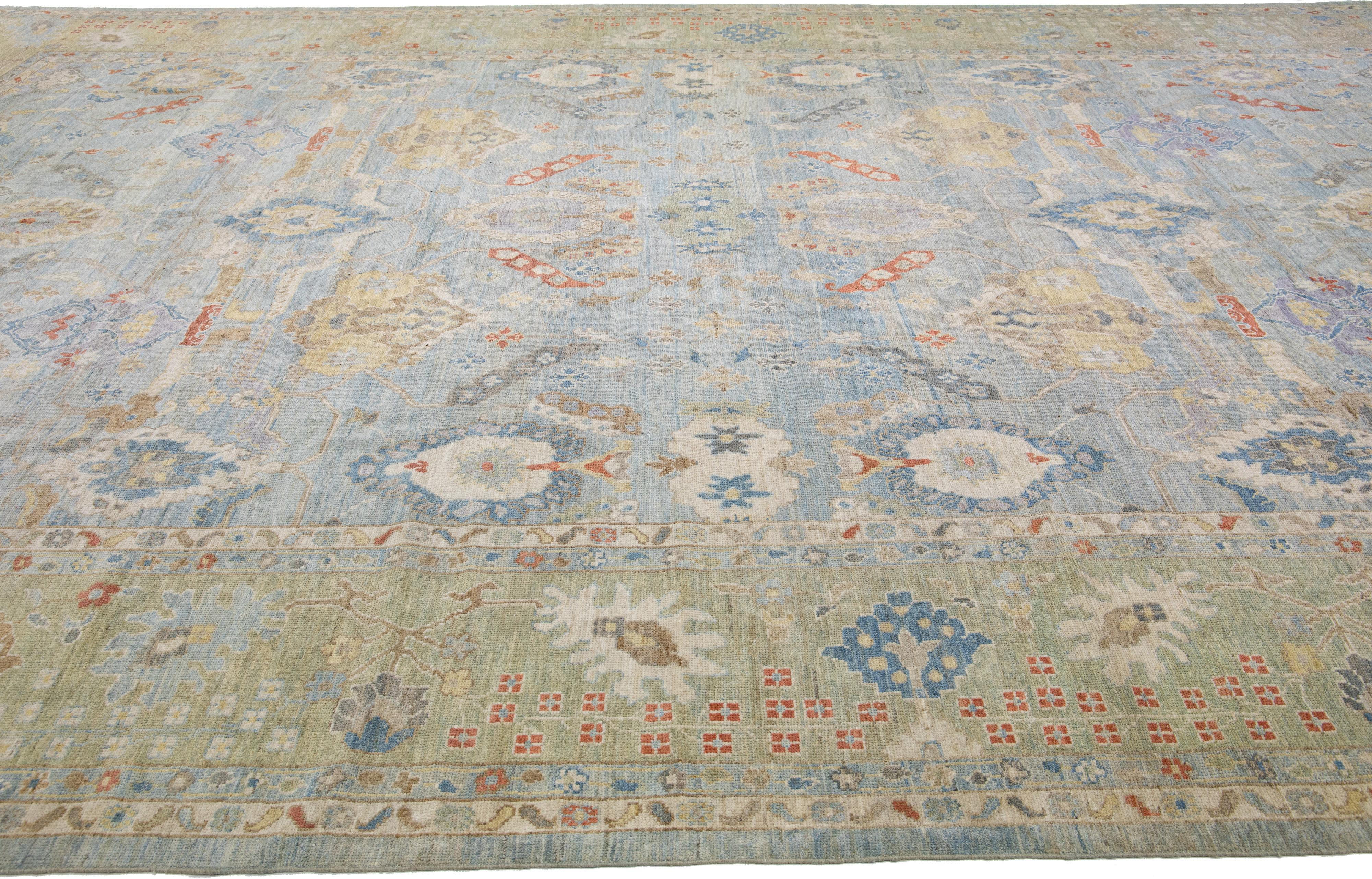 Hand-Knotted Contemporary Sultanabad Blue Handmade Floral Pattern Wool Rug For Sale
