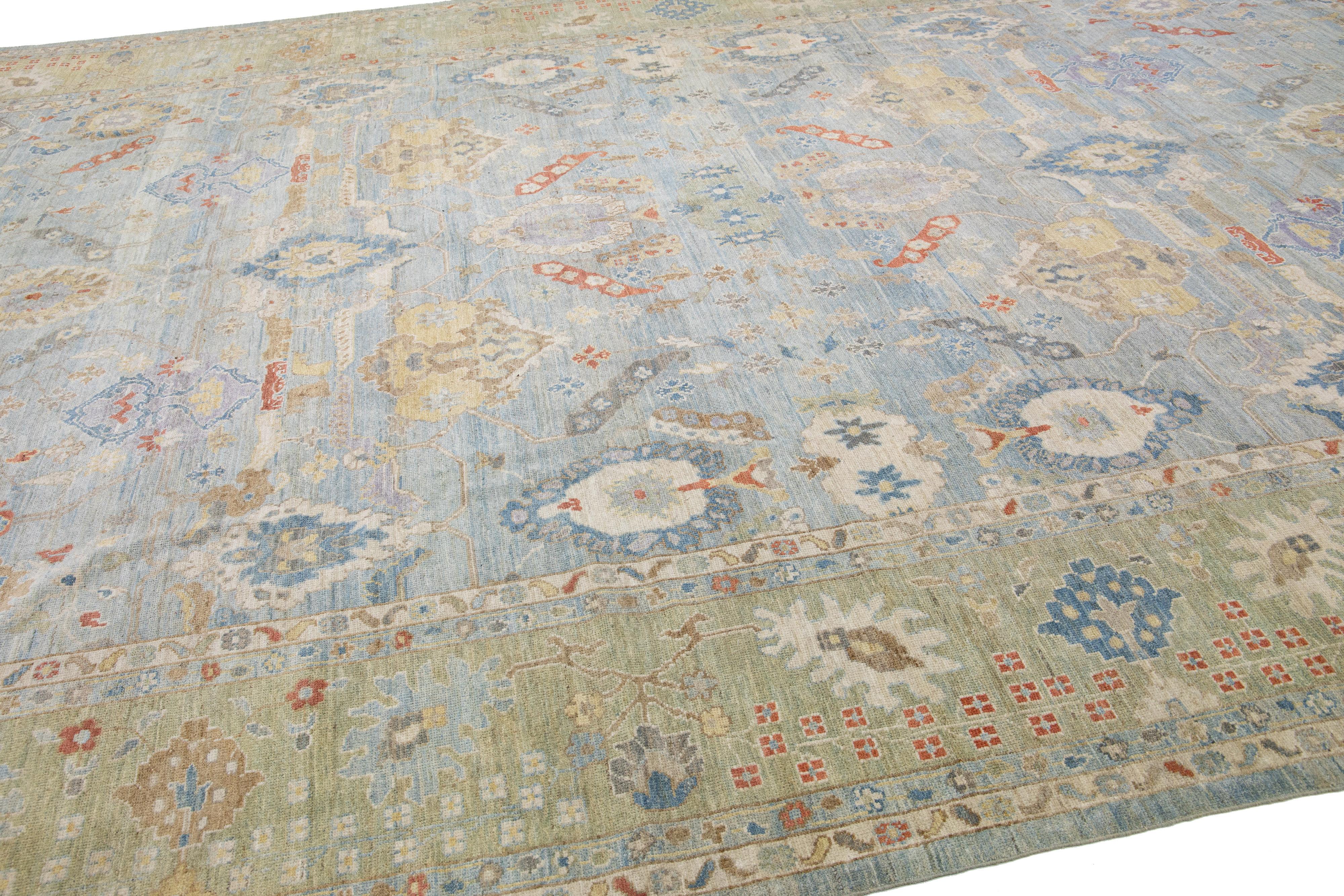 Contemporary Sultanabad Blue Handmade Floral Pattern Wool Rug For Sale 3