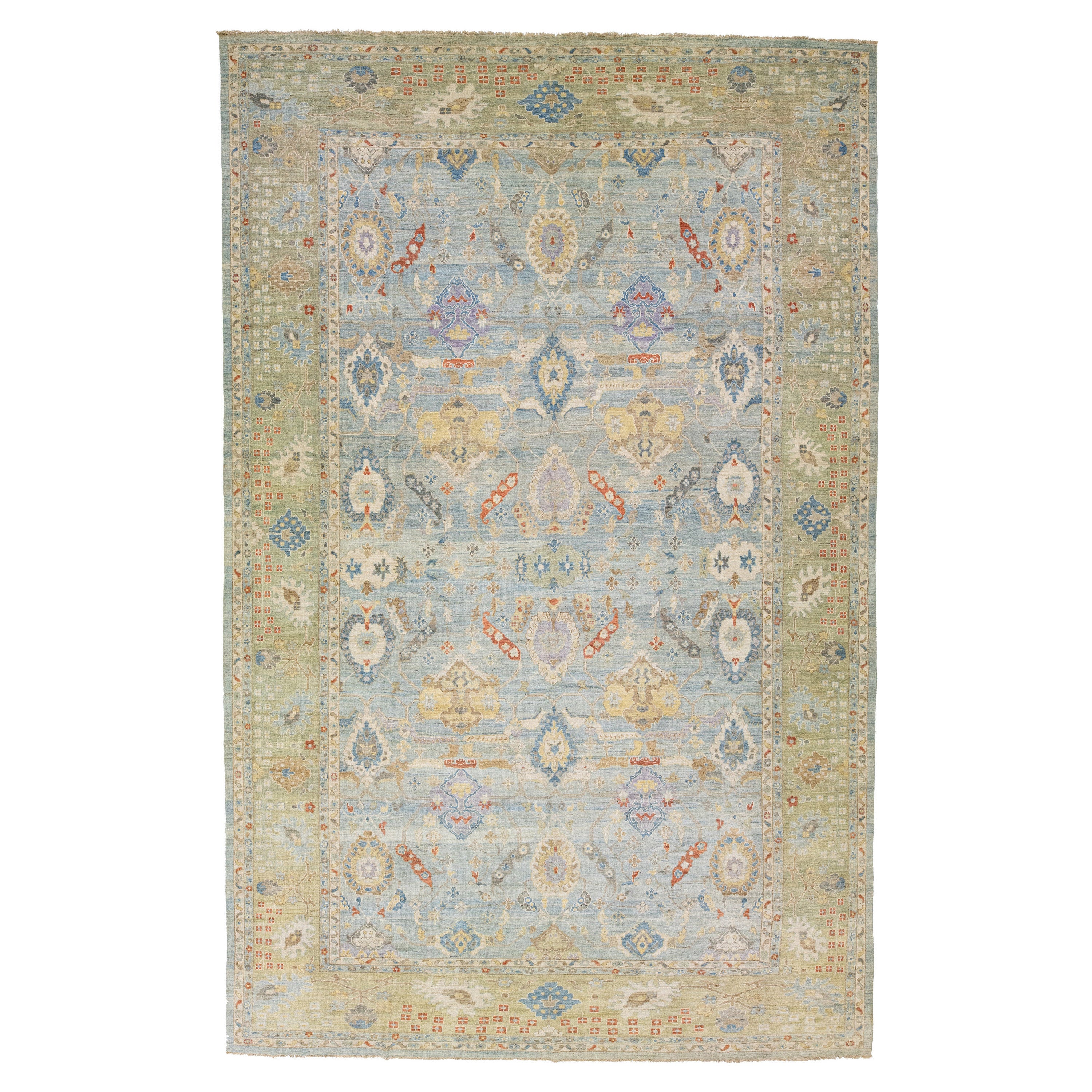 Tapis contemporain en laine bleu Sultanabad à motifs floraux faits à la main