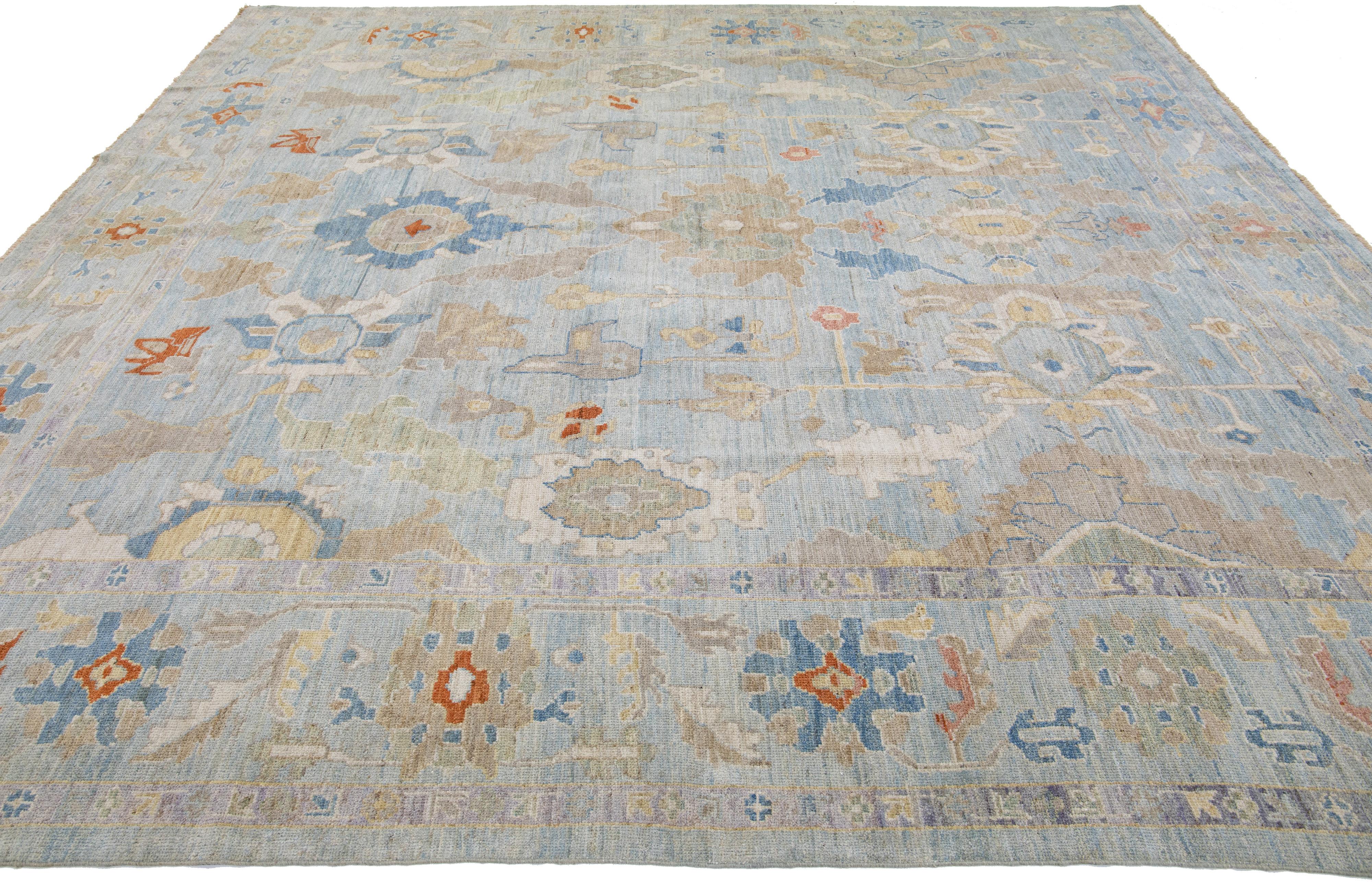 Persian Contemporary Sultanabad Blue Handmade Floral Wool Rug For Sale
