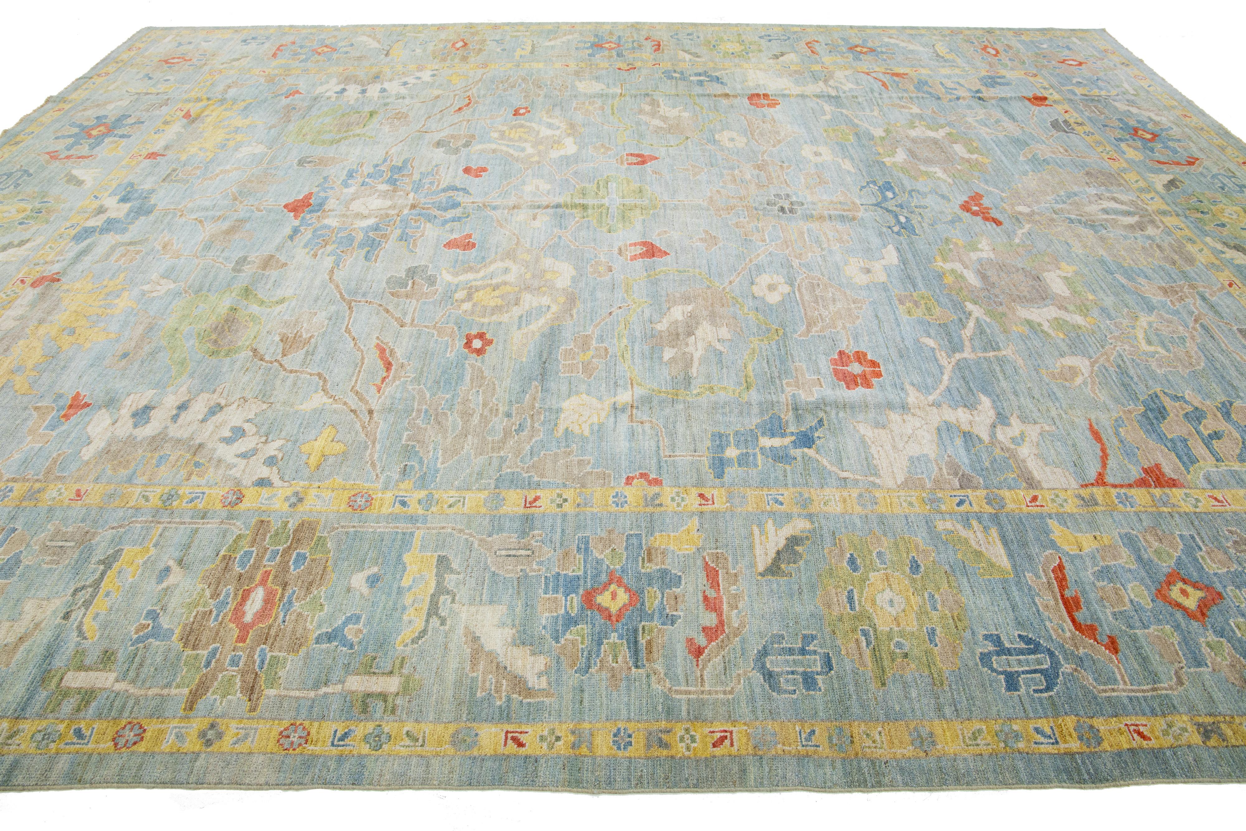 Hand-Knotted Contemporary Sultanabad Blue Wool Rug Handmade With Floral Pattern For Sale