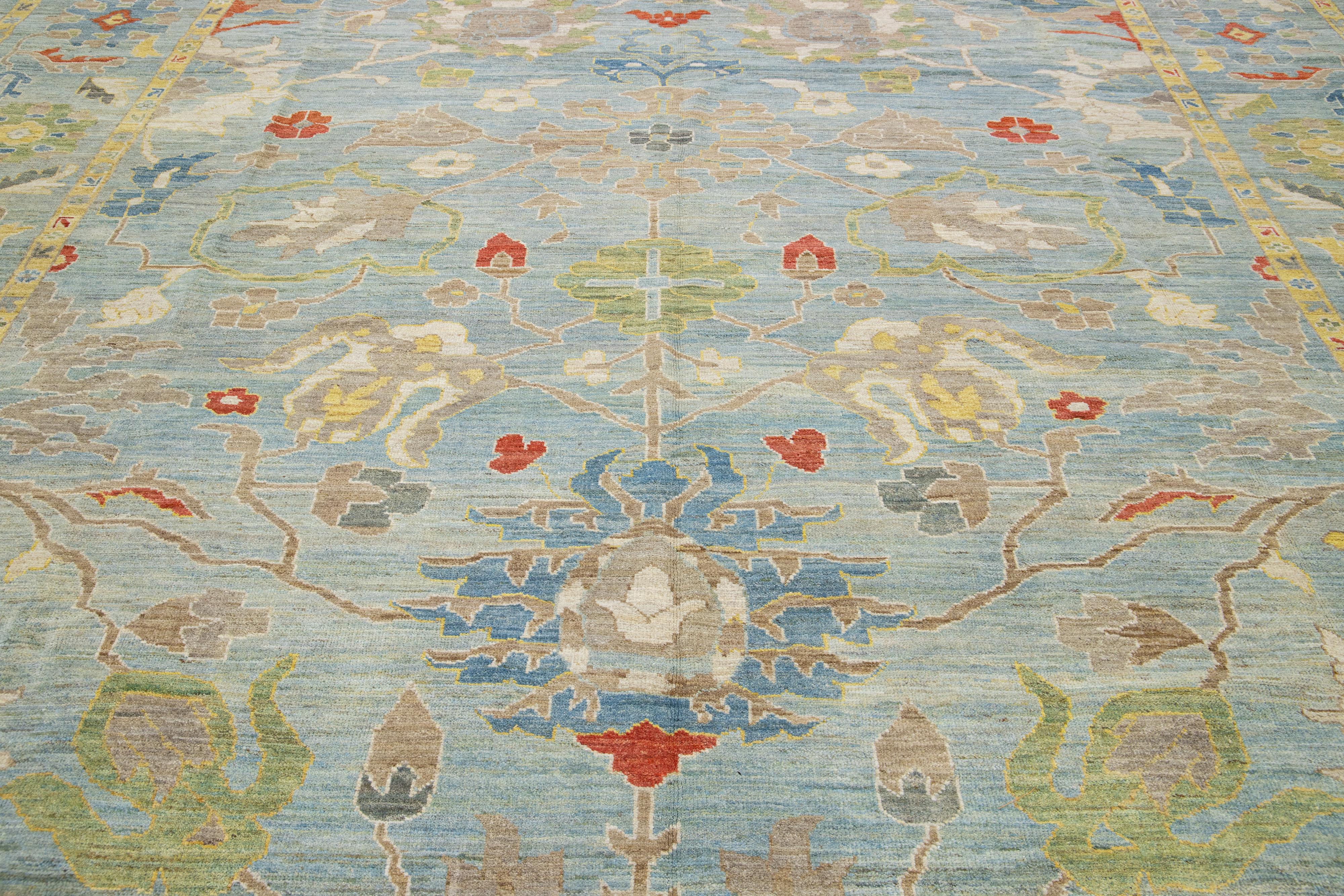 Contemporary Sultanabad Blue Wool Rug Handmade With Floral Pattern For Sale 1