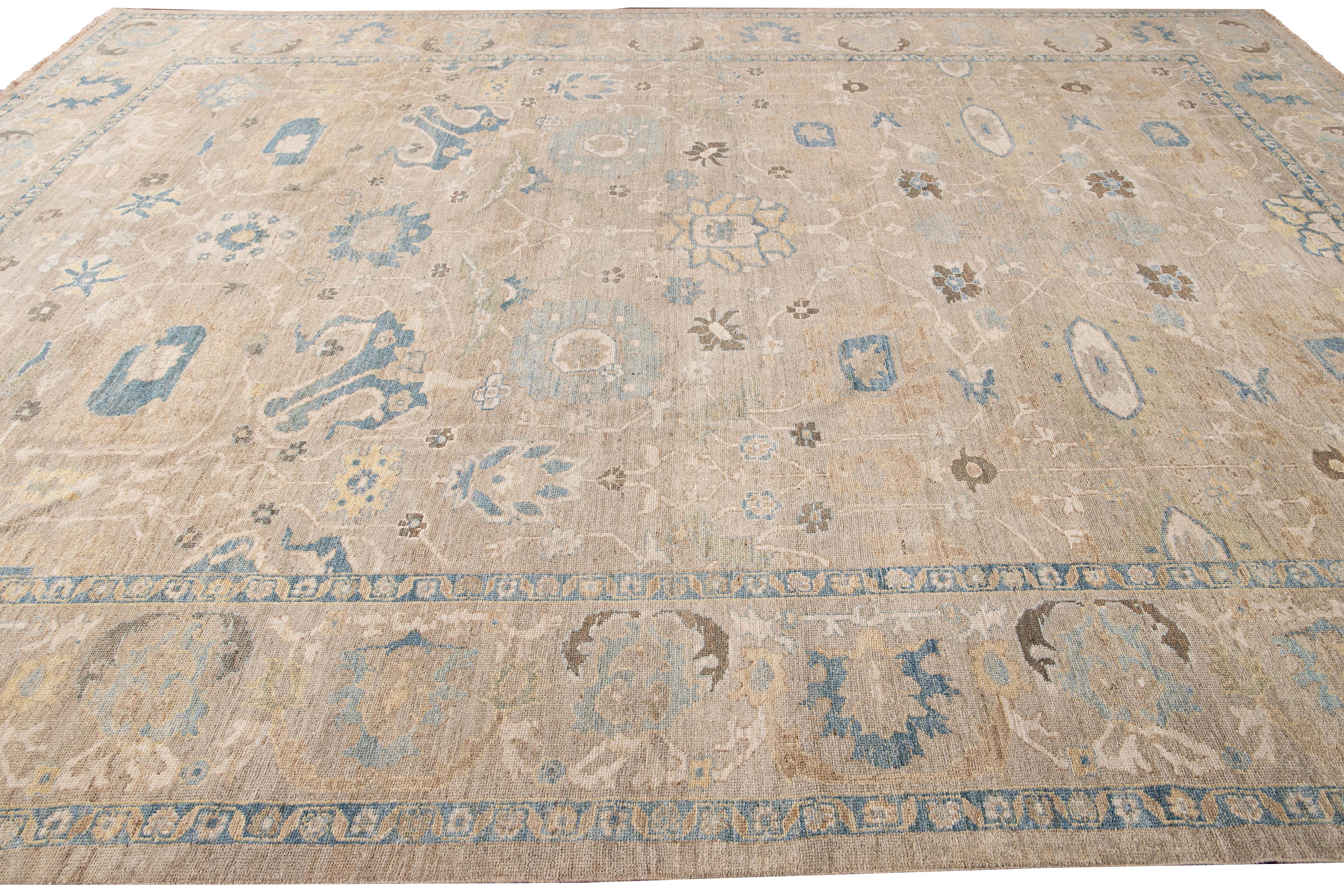 Contemporary Sultanabad Handmade Beige and Blue Floral Wool Rug 5