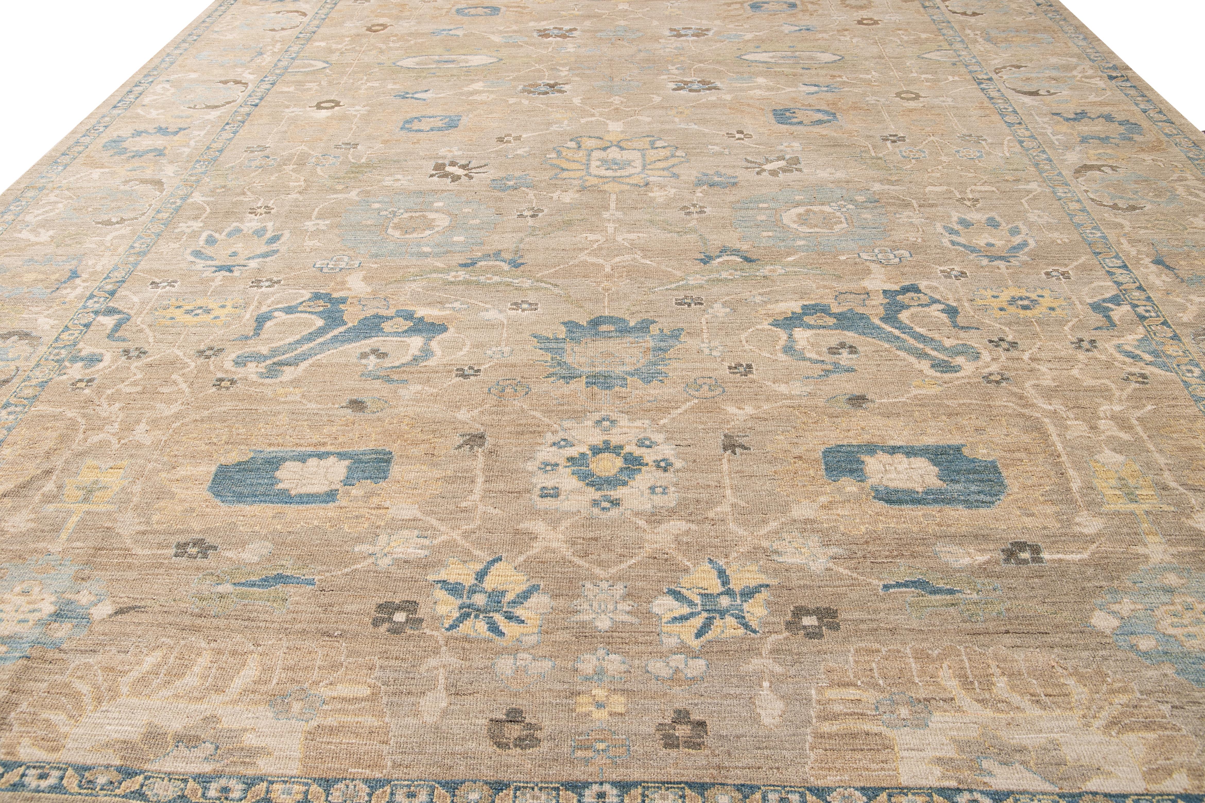 Persian Contemporary Sultanabad Handmade Beige and Blue Floral Wool Rug