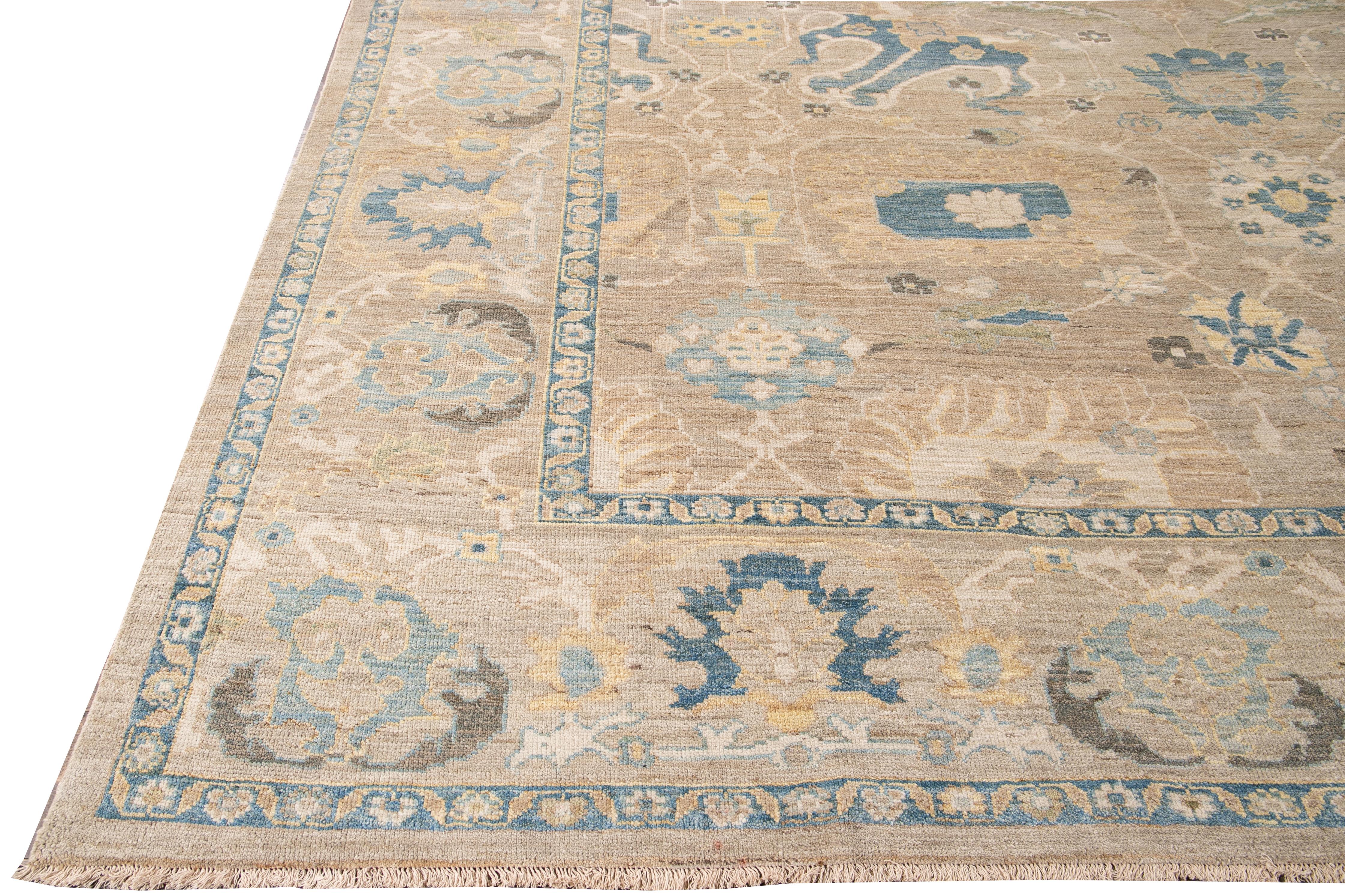 Hand-Knotted Contemporary Sultanabad Handmade Beige and Blue Floral Wool Rug