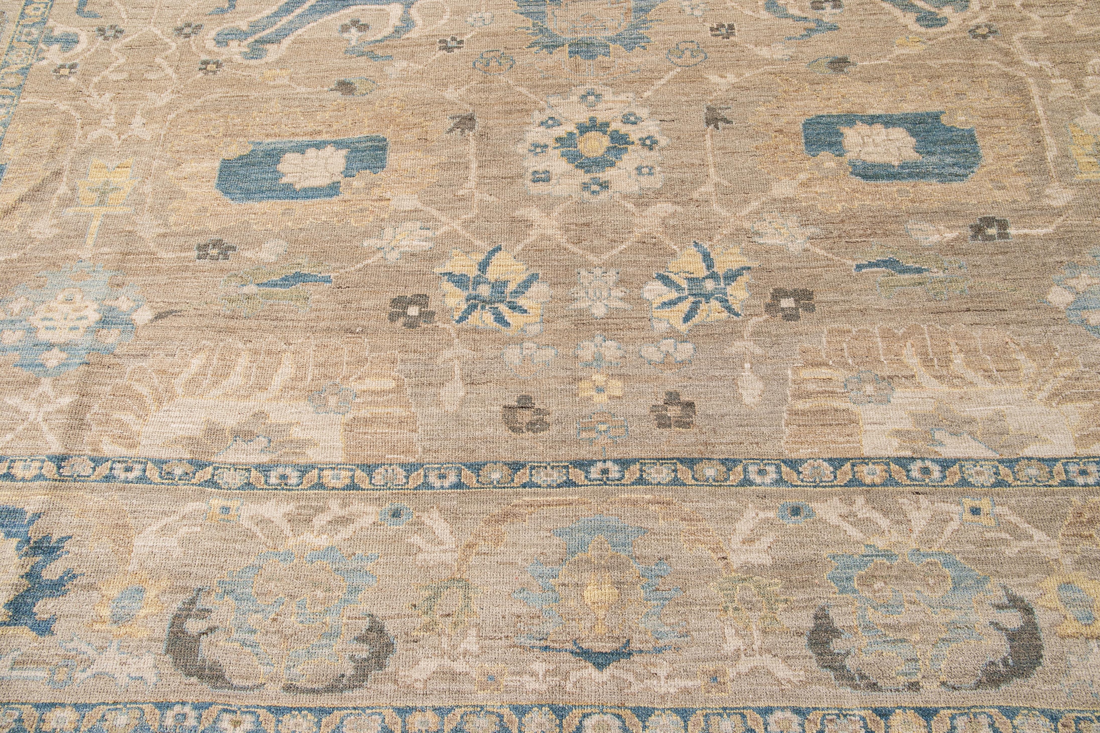 Contemporary Sultanabad Handmade Beige and Blue Floral Wool Rug 1