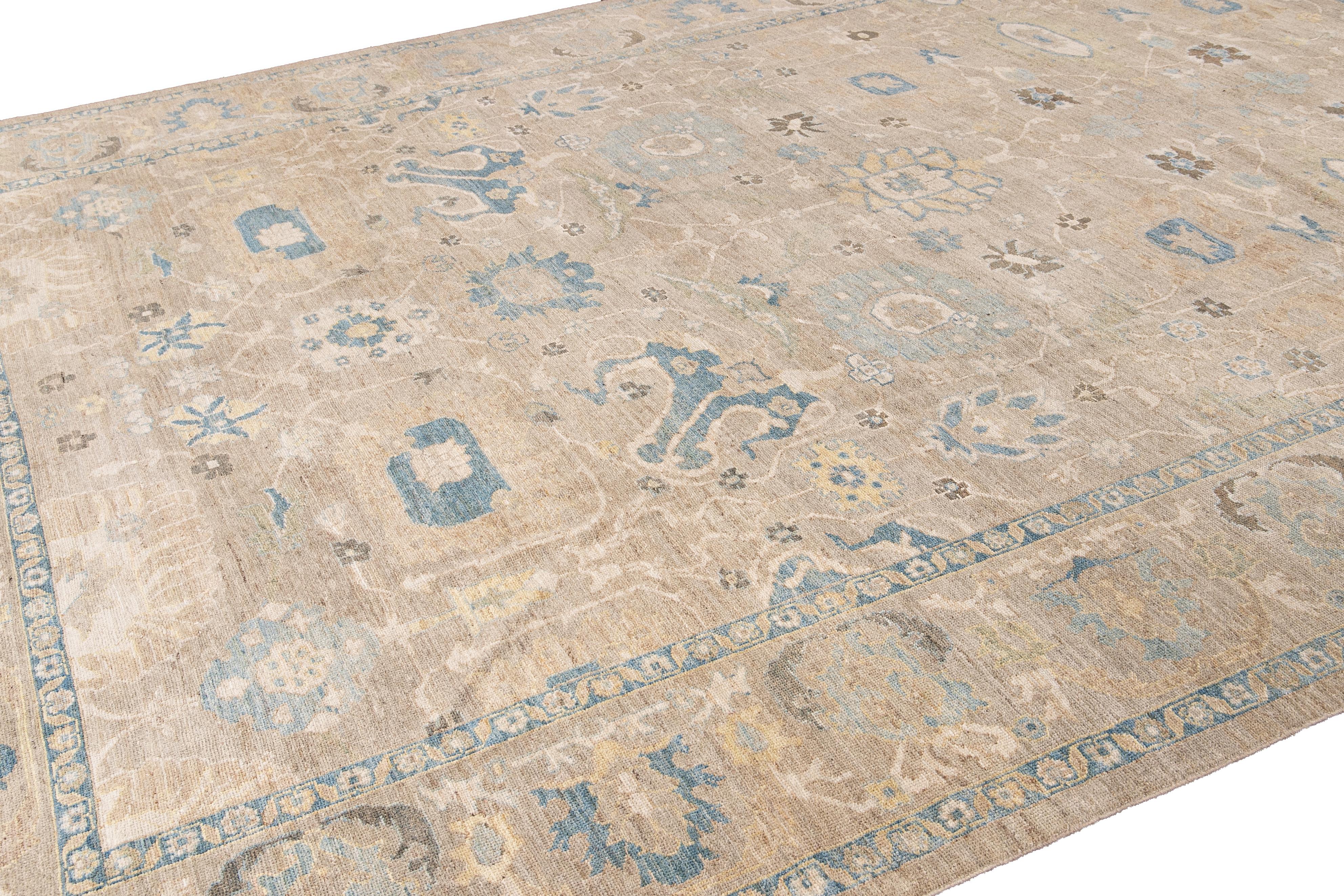 Contemporary Sultanabad Handmade Beige and Blue Floral Wool Rug 2