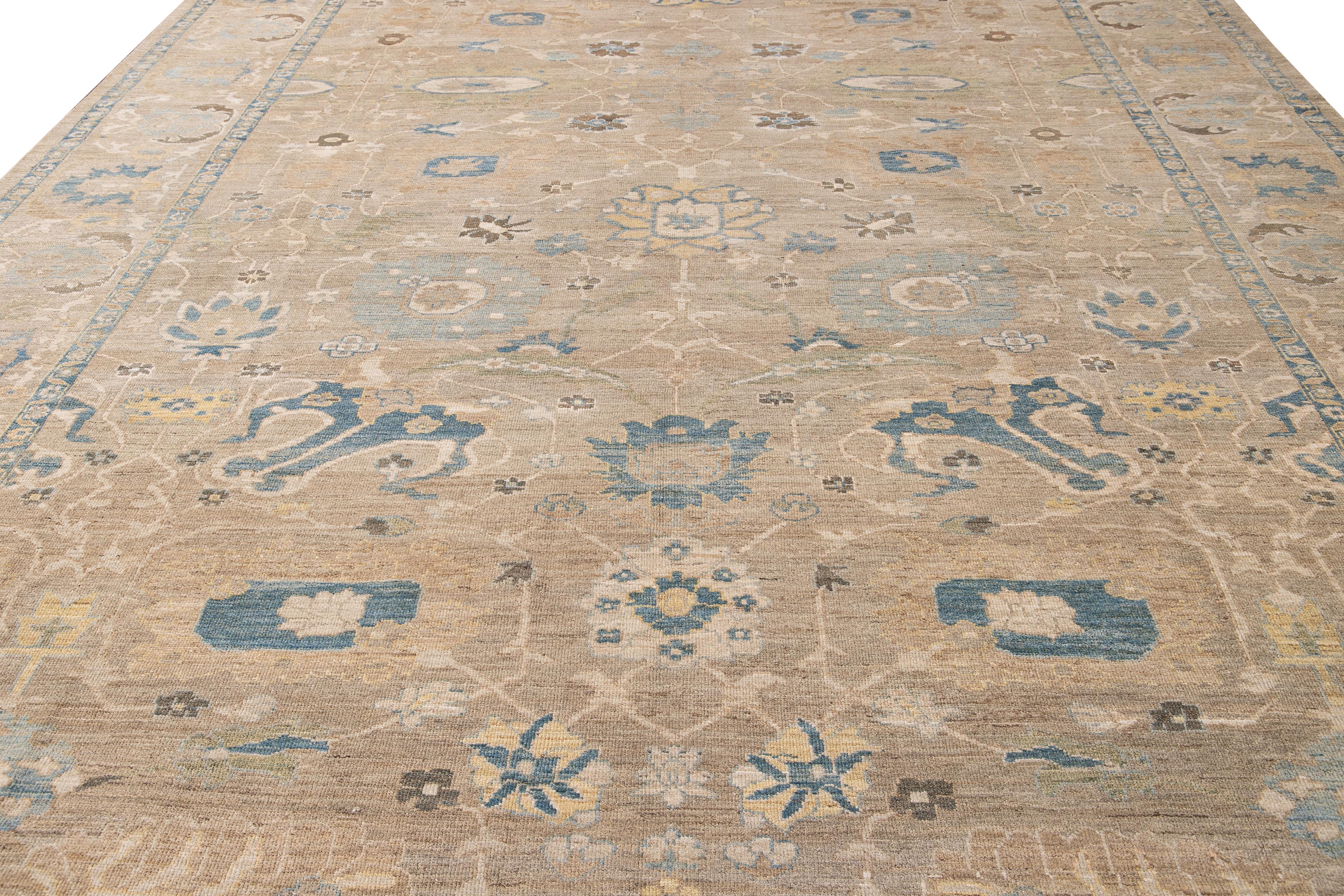 Contemporary Sultanabad Handmade Beige and Blue Floral Wool Rug 3
