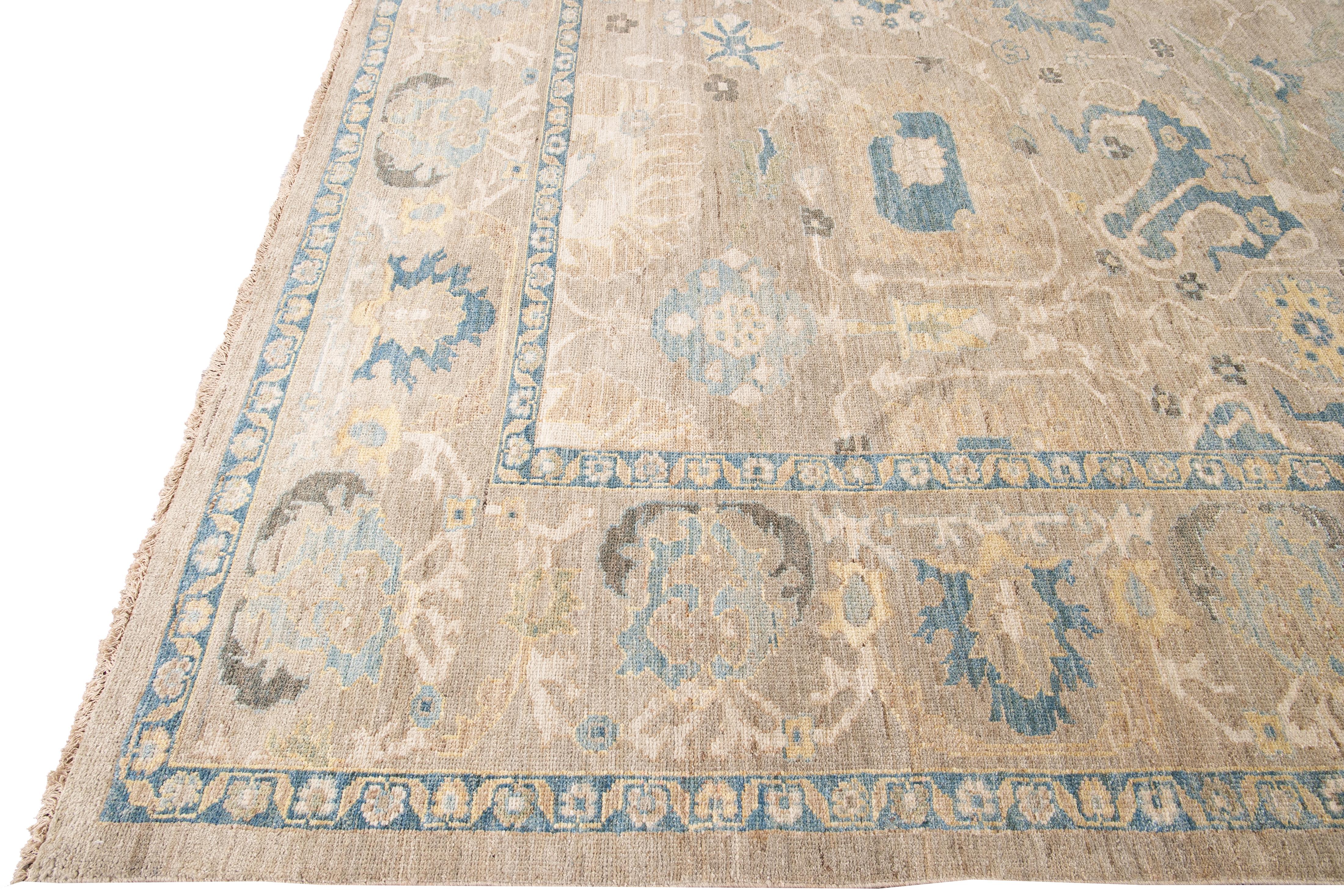Contemporary Sultanabad Handmade Beige and Blue Floral Wool Rug 4