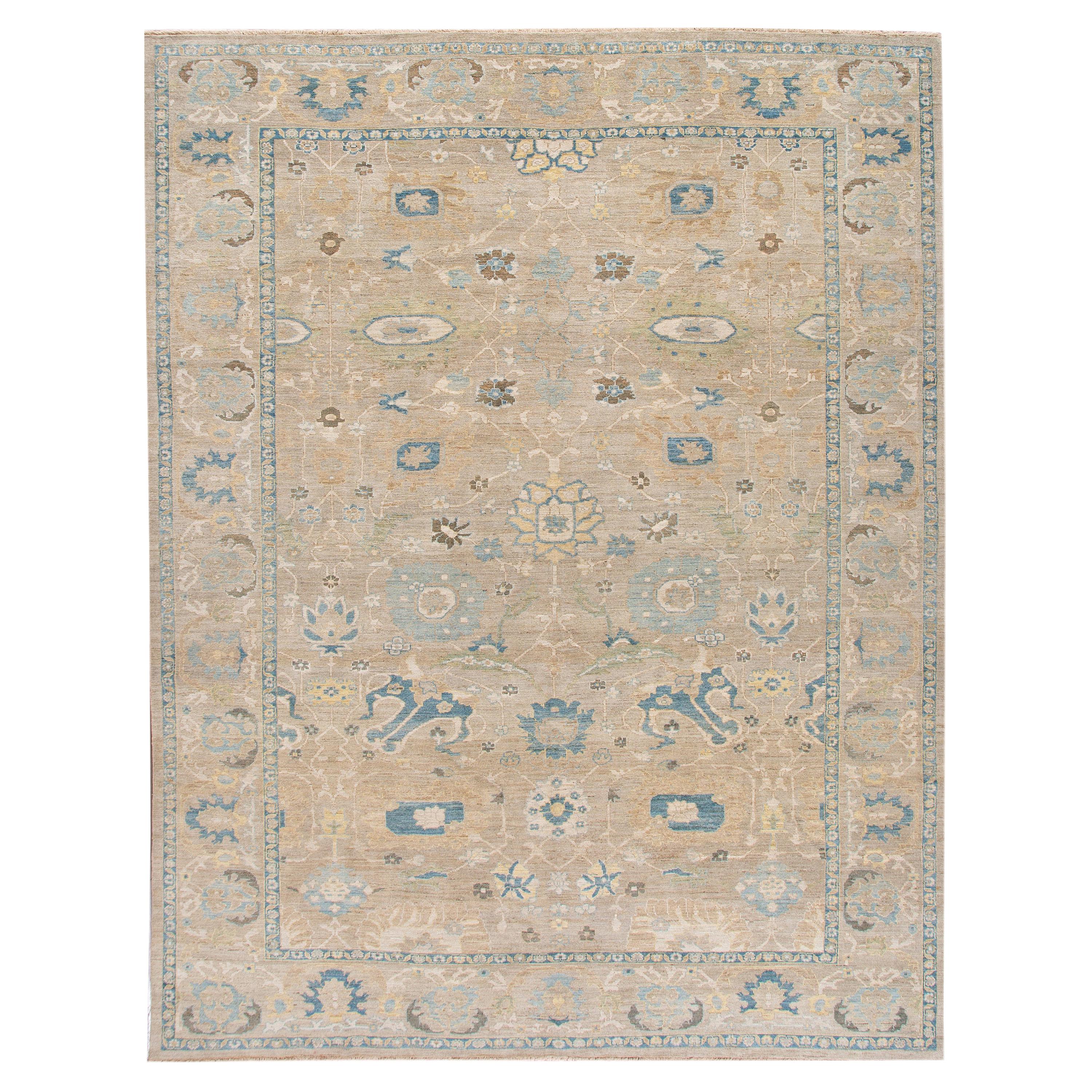 Contemporary Sultanabad Handmade Beige and Blue Floral Wool Rug