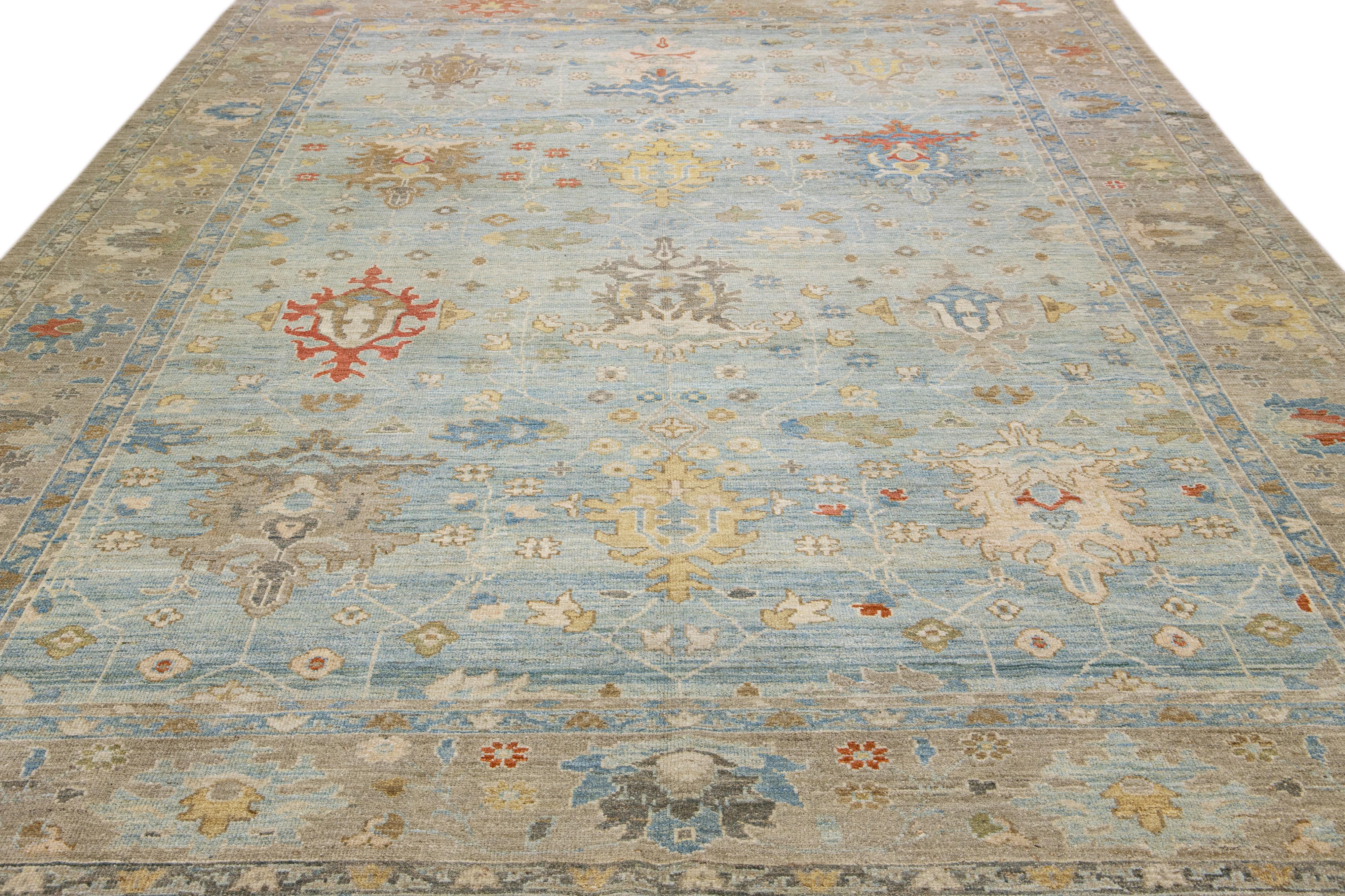 Persian Contemporary Sultanabad Light Blue Handmade Floral Motif Wool Rug For Sale
