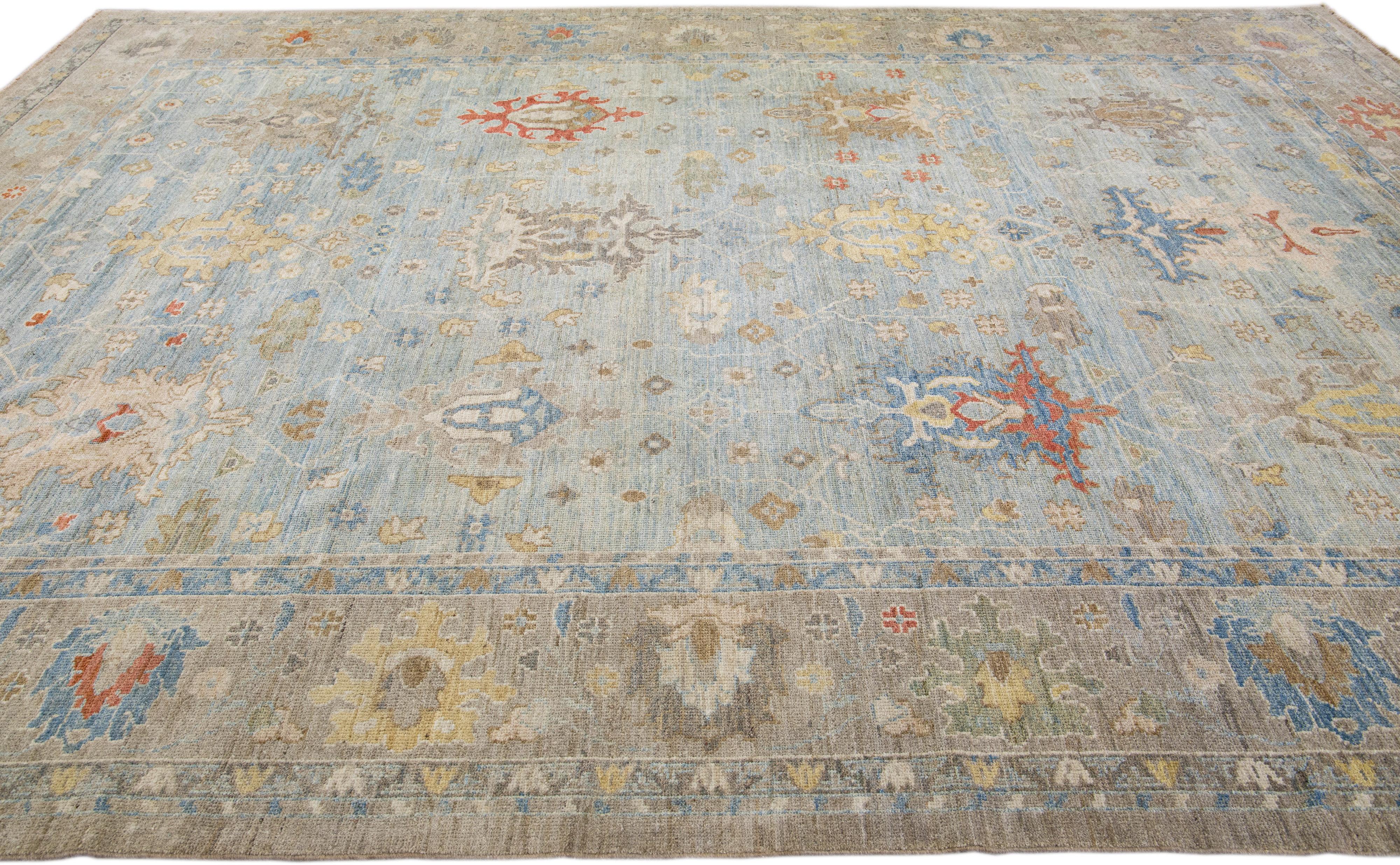 Hand-Knotted Contemporary Sultanabad Light Blue Handmade Floral Motif Wool Rug For Sale