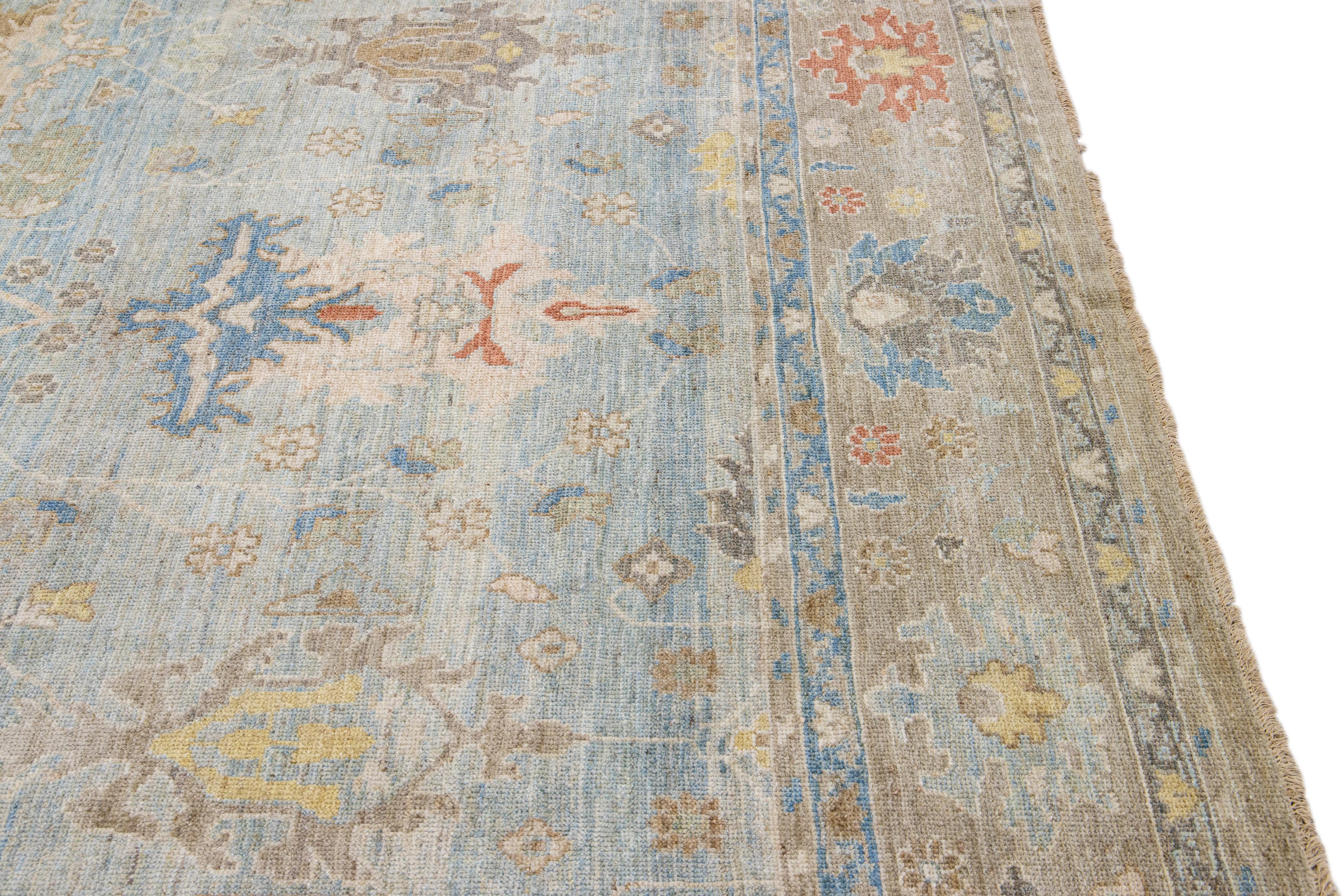 Contemporary Sultanabad Light Blue Handmade Floral Motif Wool Rug For Sale 1