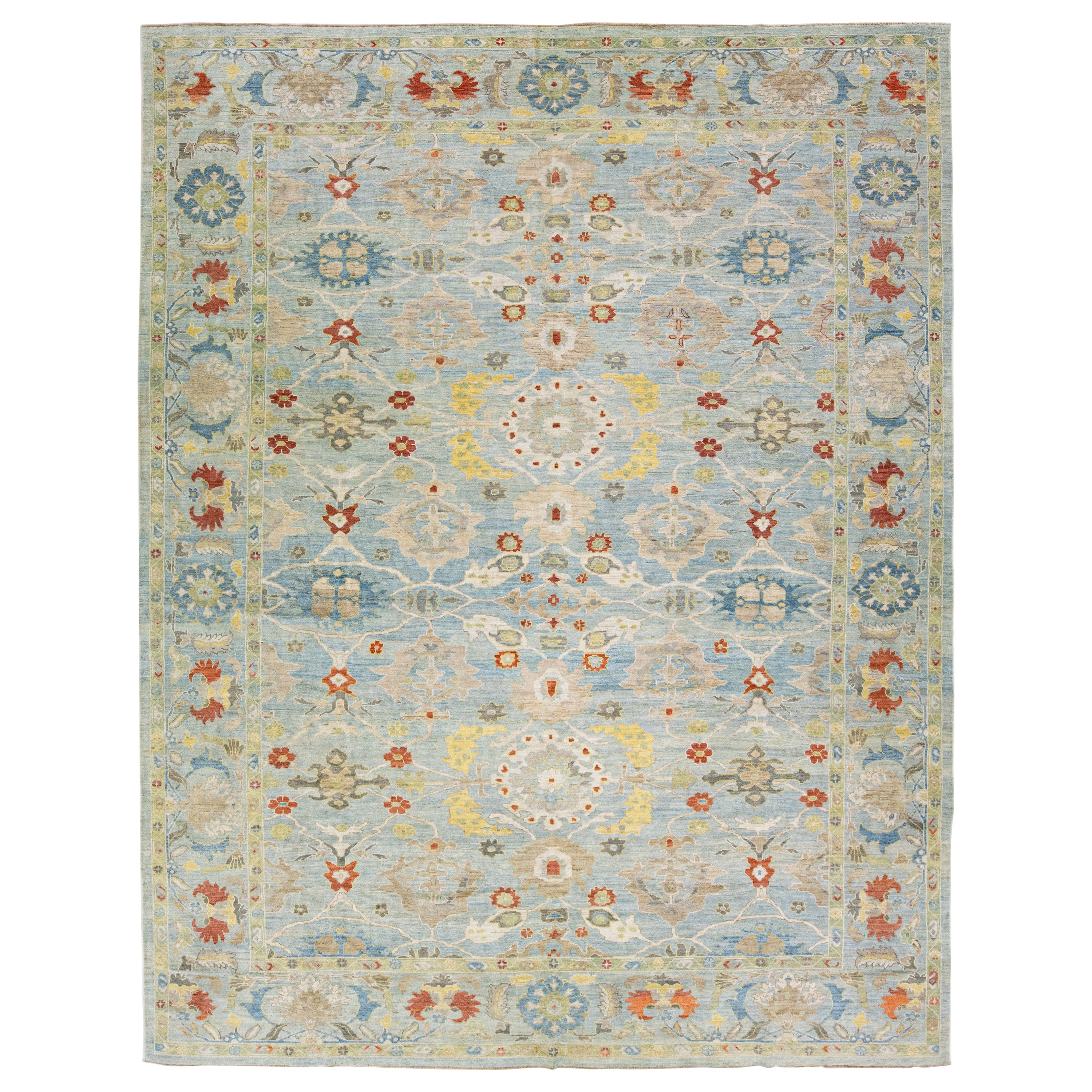 Tapis contemporain en laine Sultanabad bleu clair à motifs floraux faits à la main