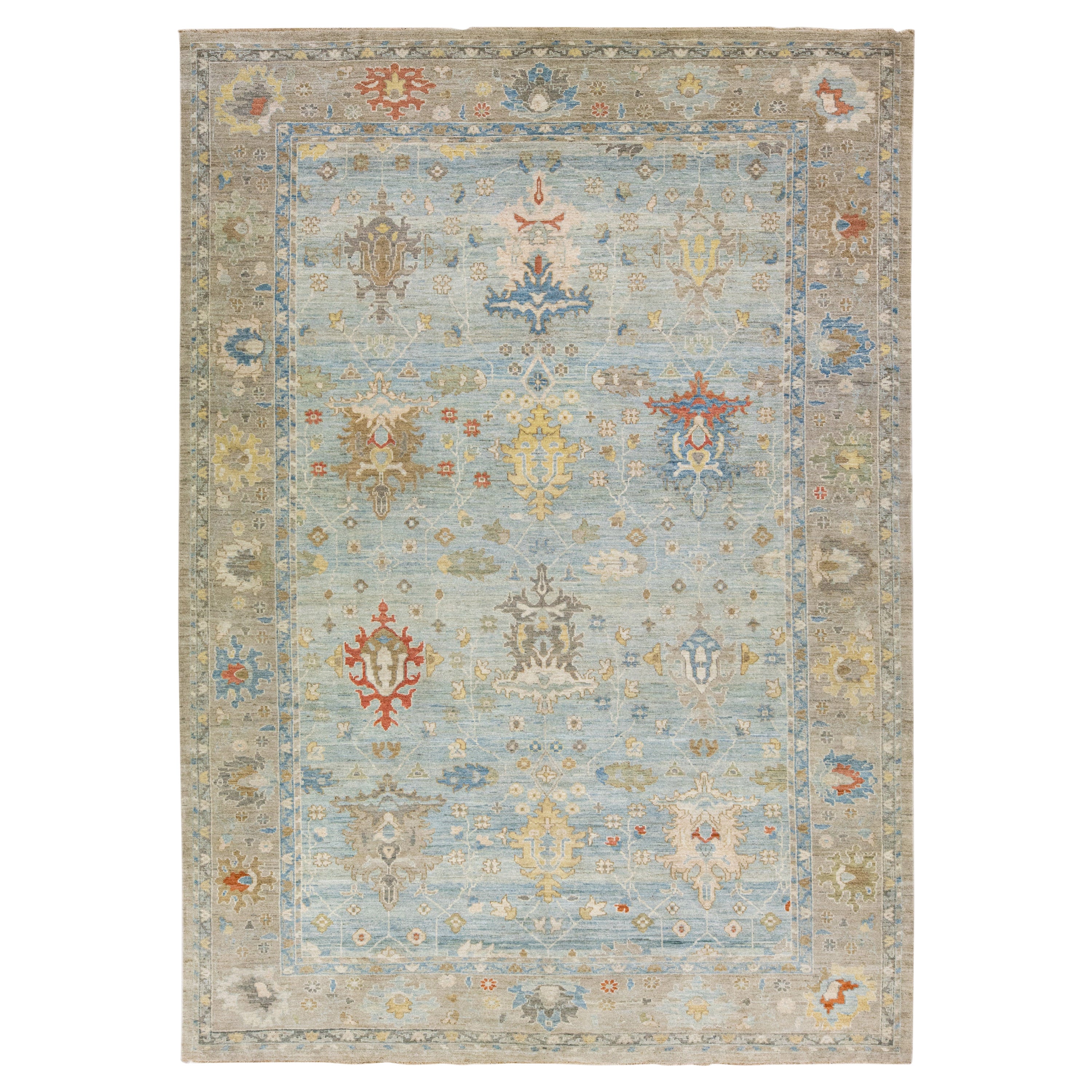 Tapis contemporain en laine Sultanabad bleu clair à motifs floraux faits à la main