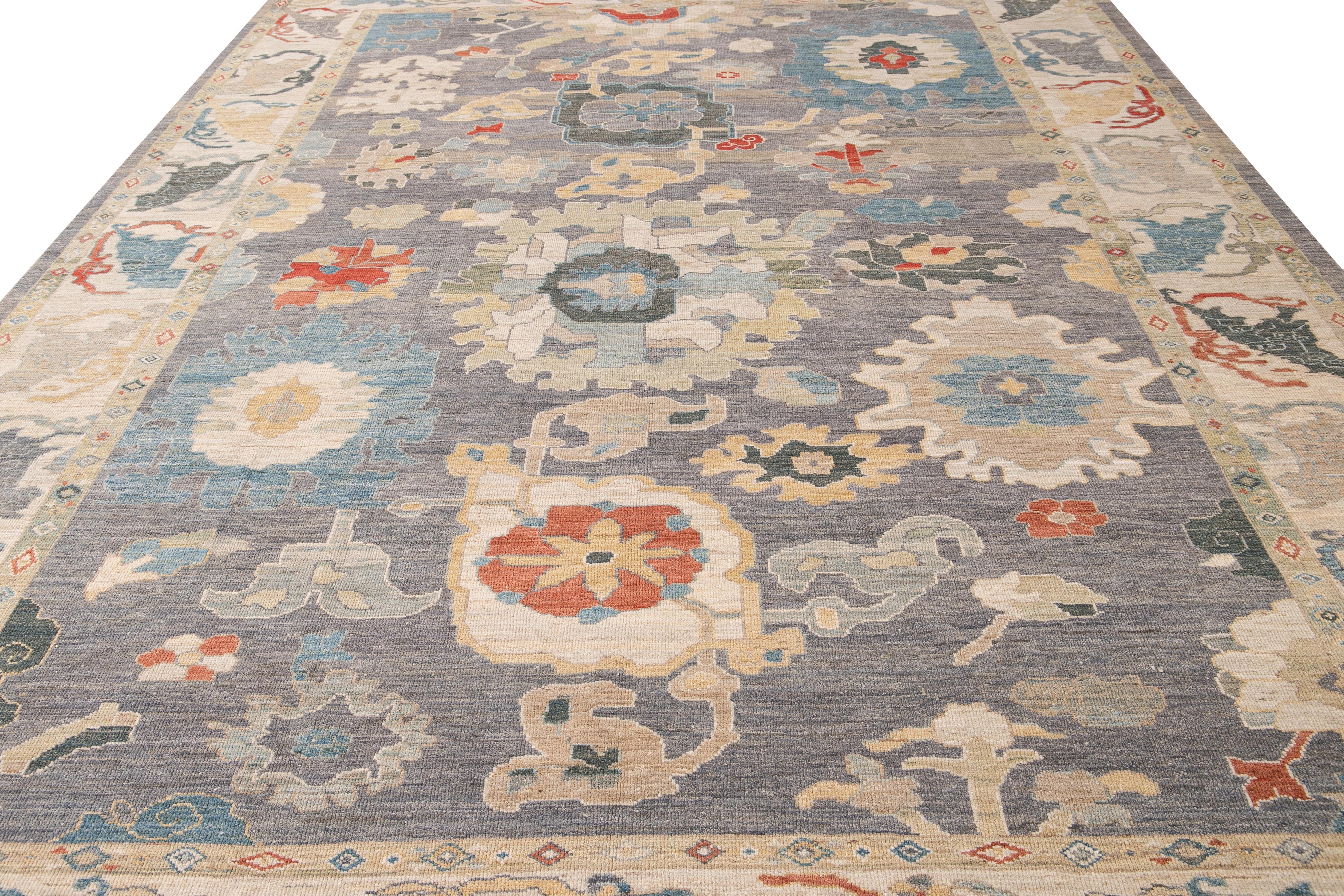 Persian Contemporary Sultanabad Multicolor Handmade Floral Wool Rug For Sale