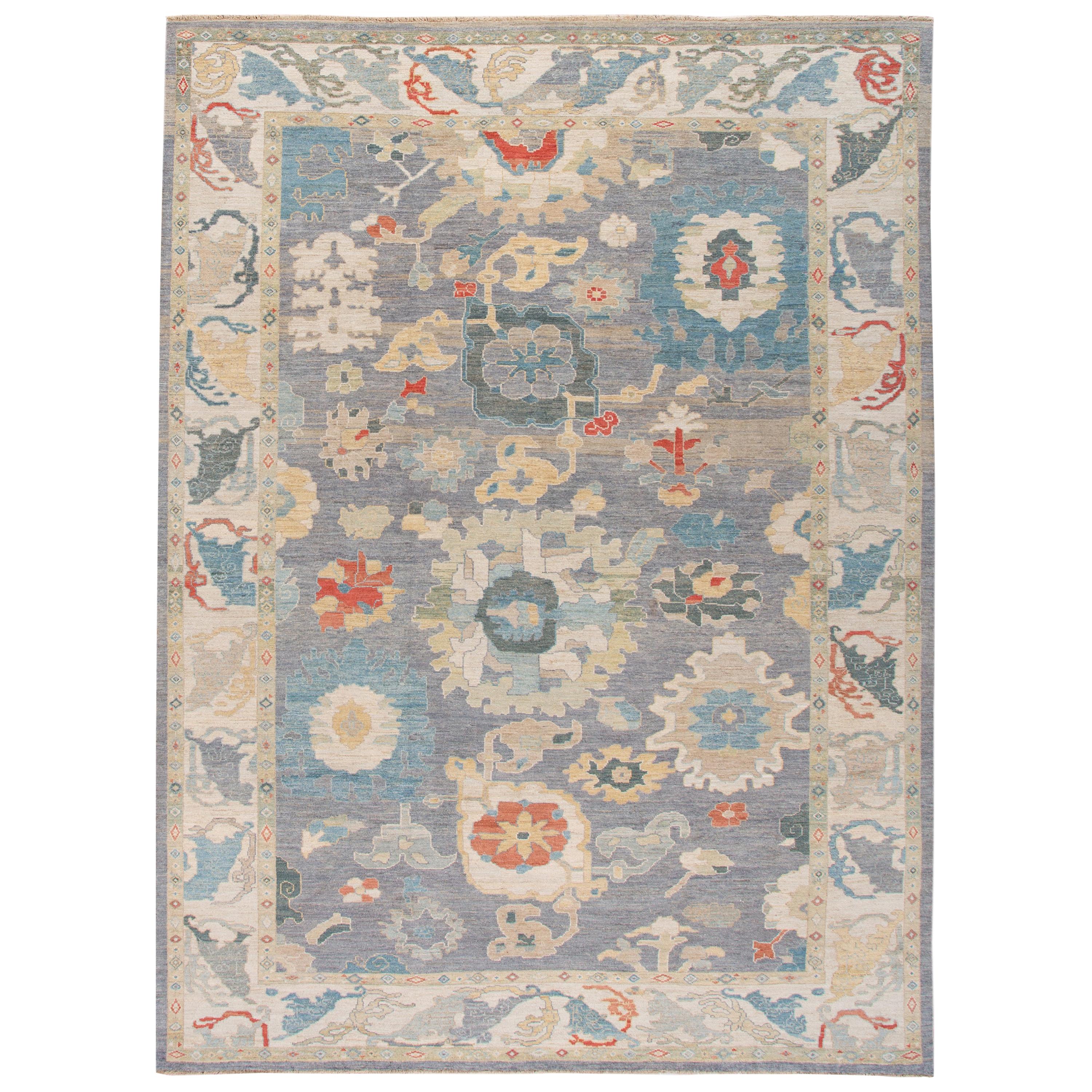 Contemporary Sultanabad Multicolor Handmade Floral Wool Rug For Sale