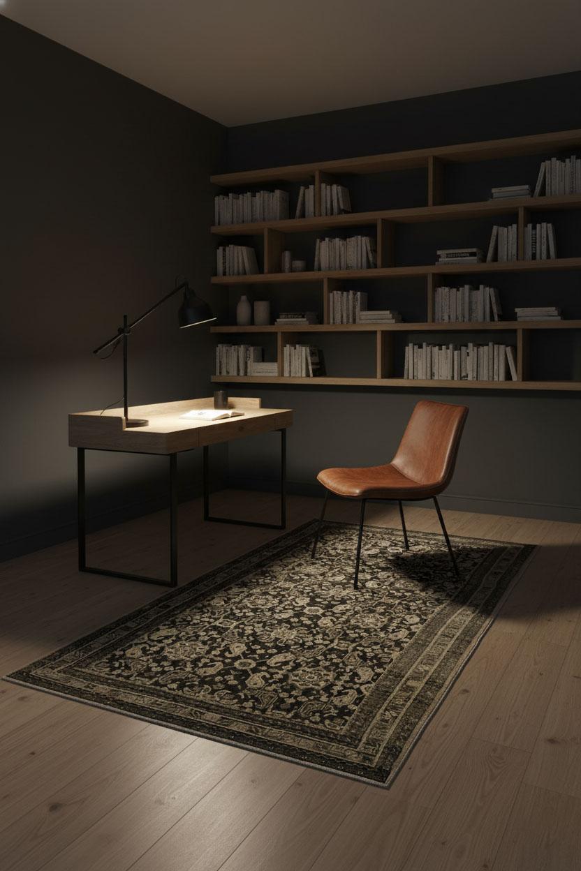 Dieser handgewebte Wollteppich zeichnet sich durch ein charakteristisches Allover-Layout im Sultanabad-Stil aus, das durch übereinanderliegende geometrische und florale Motive auf einem tiefblauen Grund definiert ist. Beige- und camelfarbene Akzente