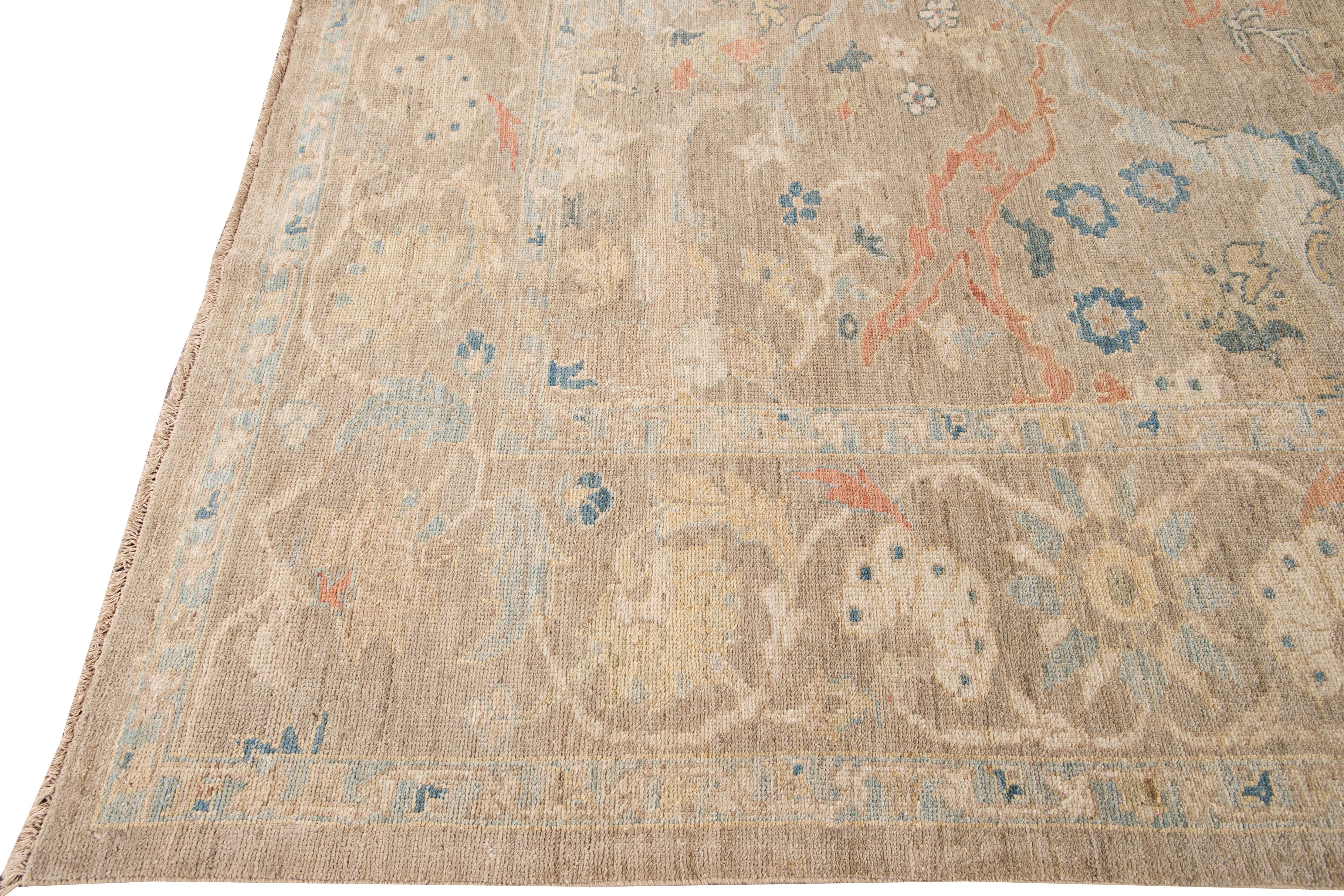 Contemporary Sultanabad Tan Handmade Geometric Floral Wool Rug For Sale 1