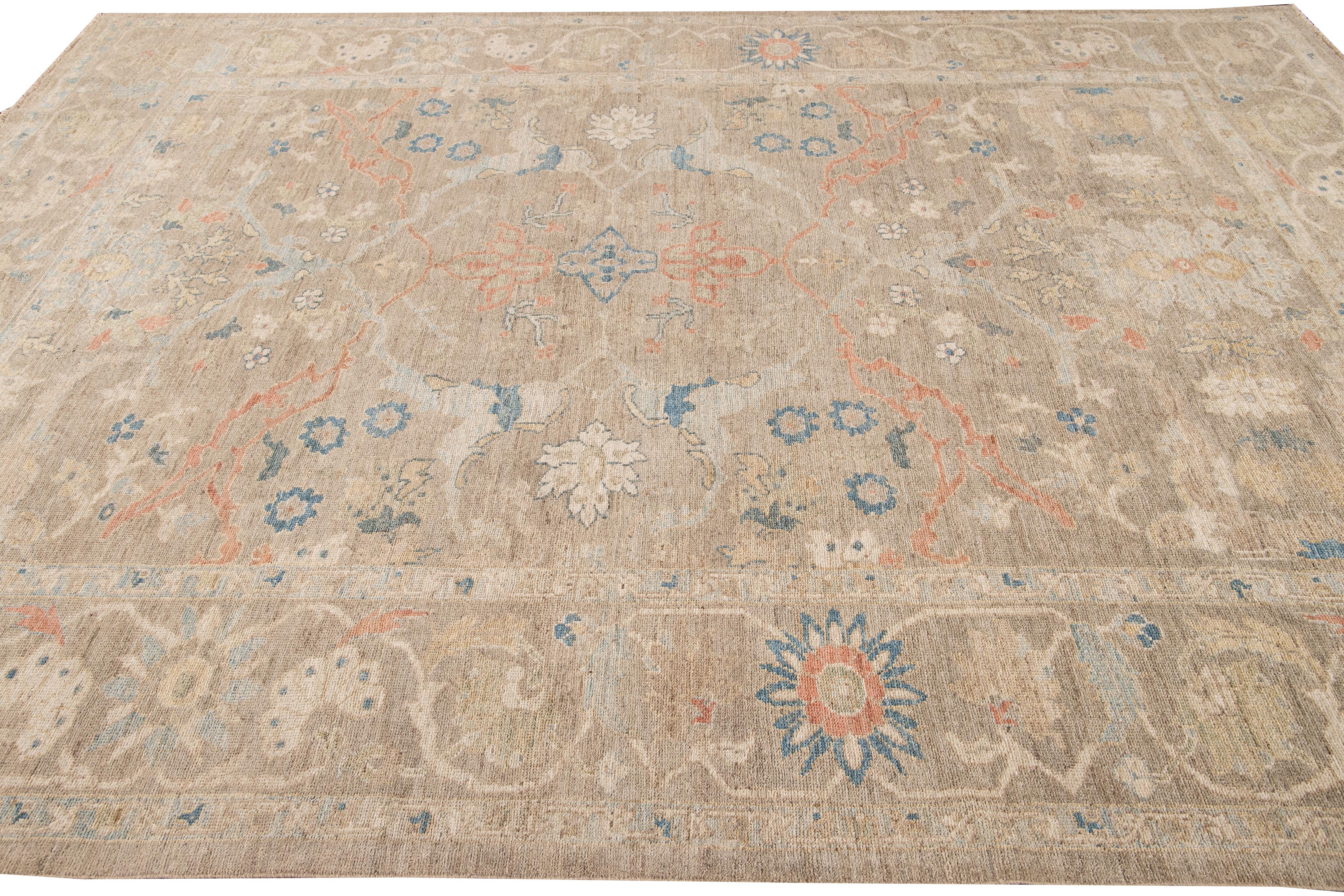 Contemporary Sultanabad Tan Handmade Geometric Floral Wool Rug For Sale 2