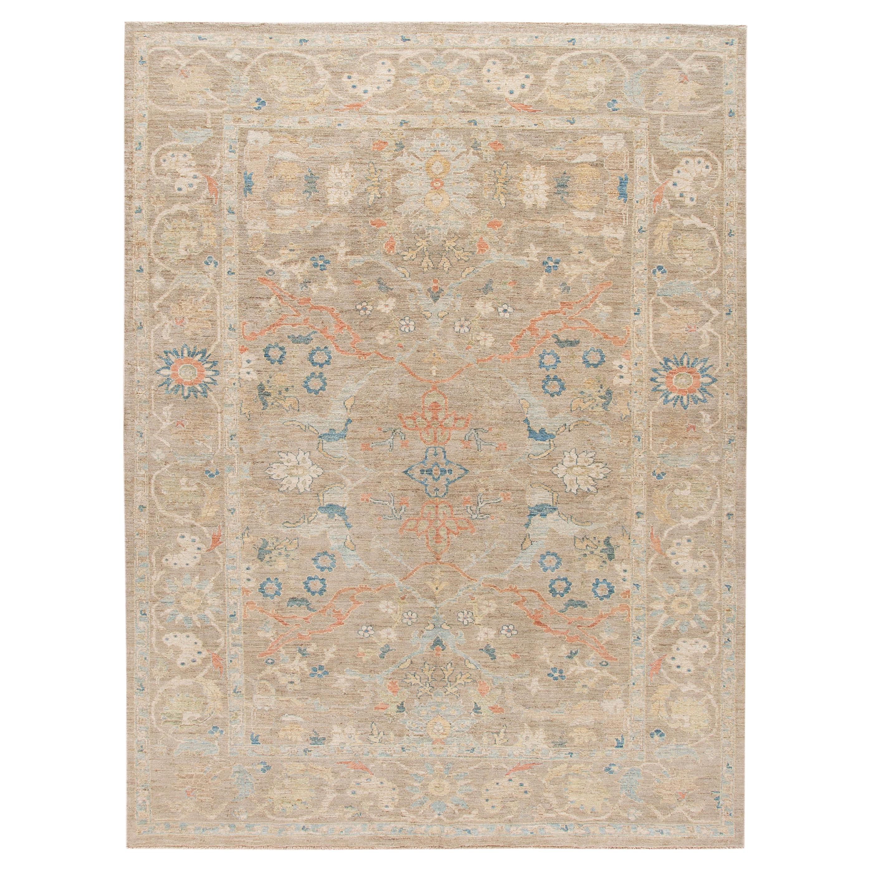 Contemporary Sultanabad Tan Handmade Geometric Floral Wool Rug For Sale
