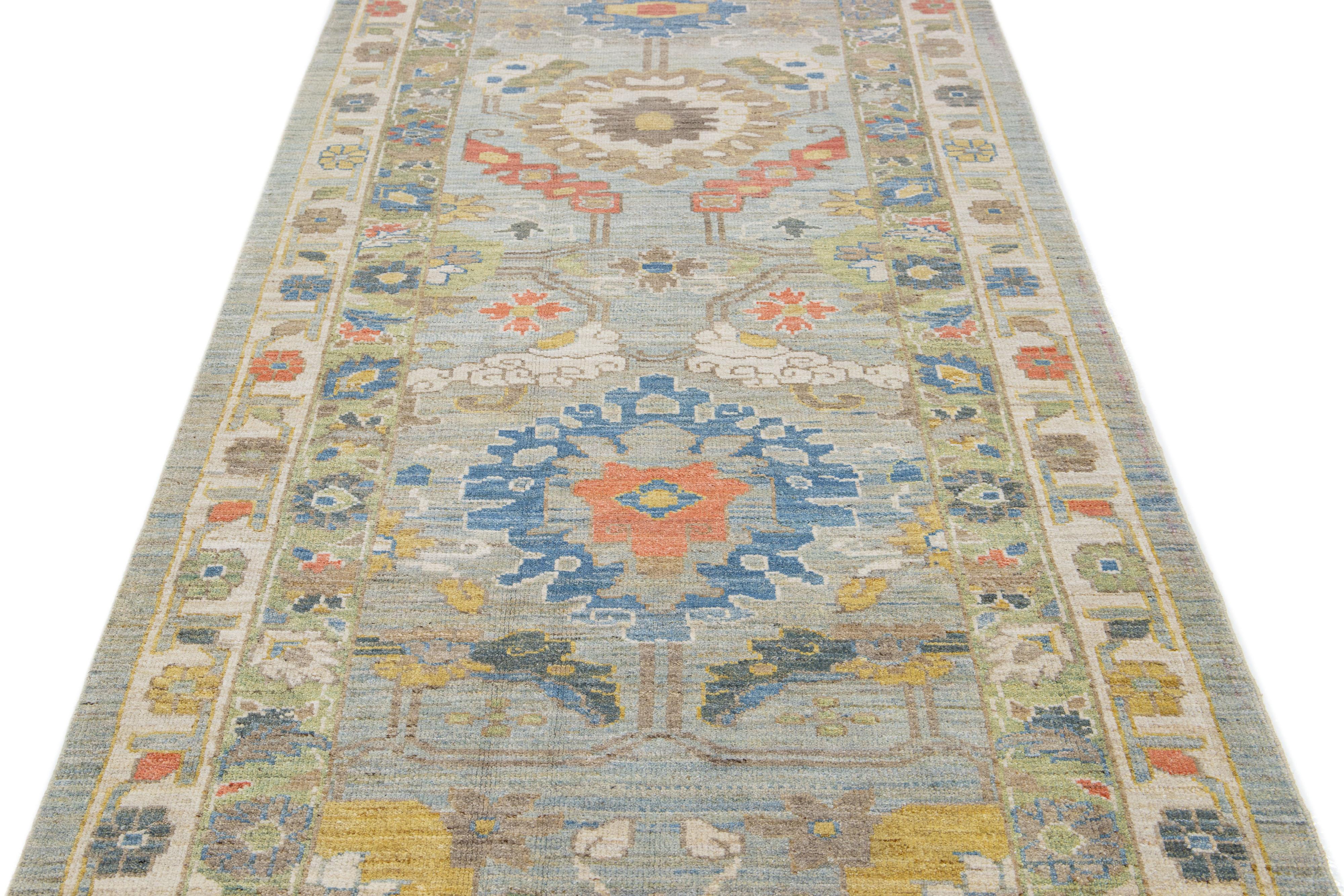Contemporary Sultanabad Wool Runner Featuring a Multicolor Floral Design For Sale 1