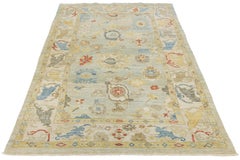 Contemporary Sultanabad Wool - Transitional All-Over Floral Sage Green & Blue