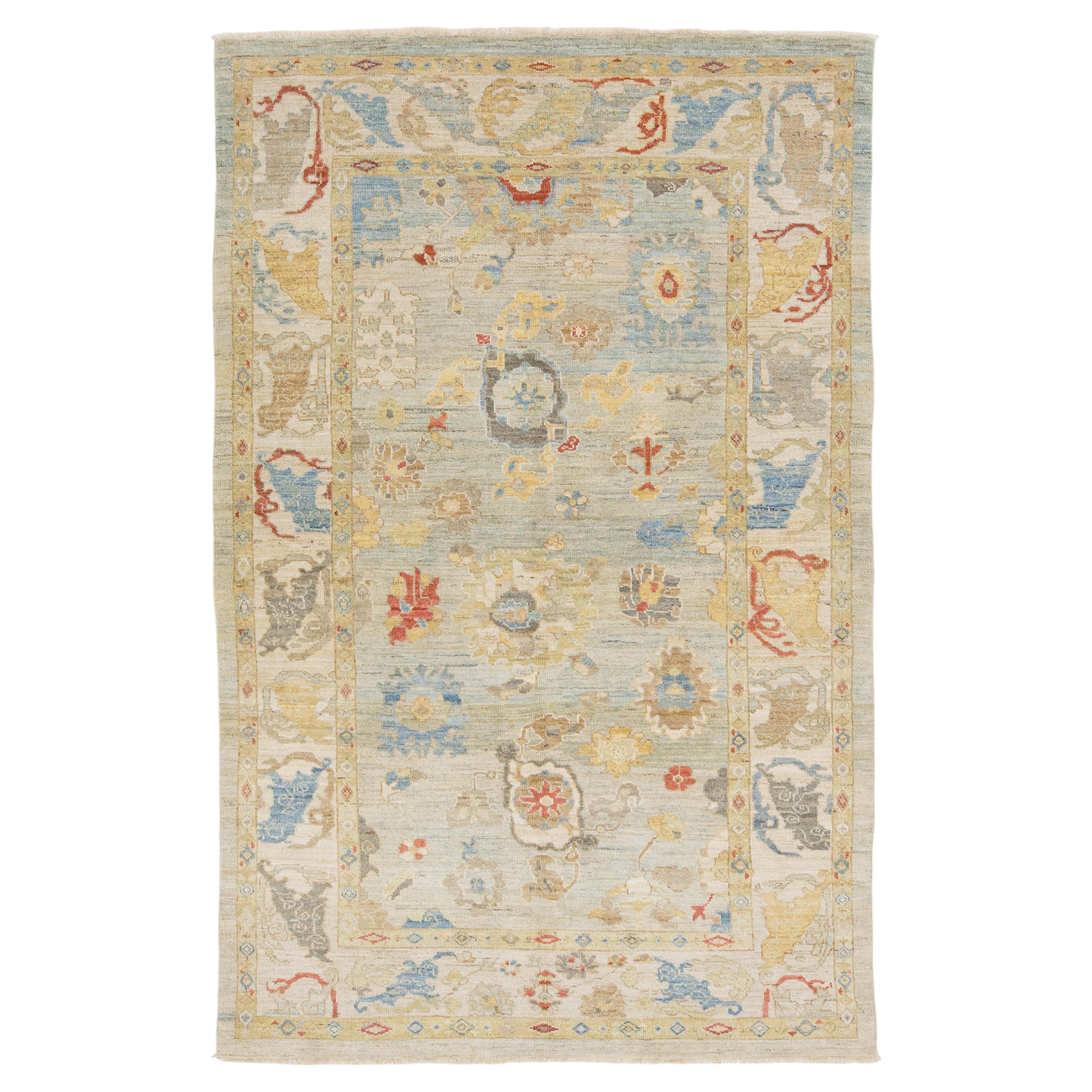 Contemporary Sultanabad Wool Rug- Transitional All-Over Floral Sage Green & Blue