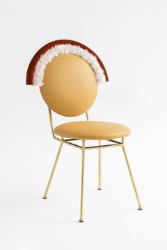 Contemporary Iris Chair with Leather, Velvet, Faux fur and Brass Finished Legs