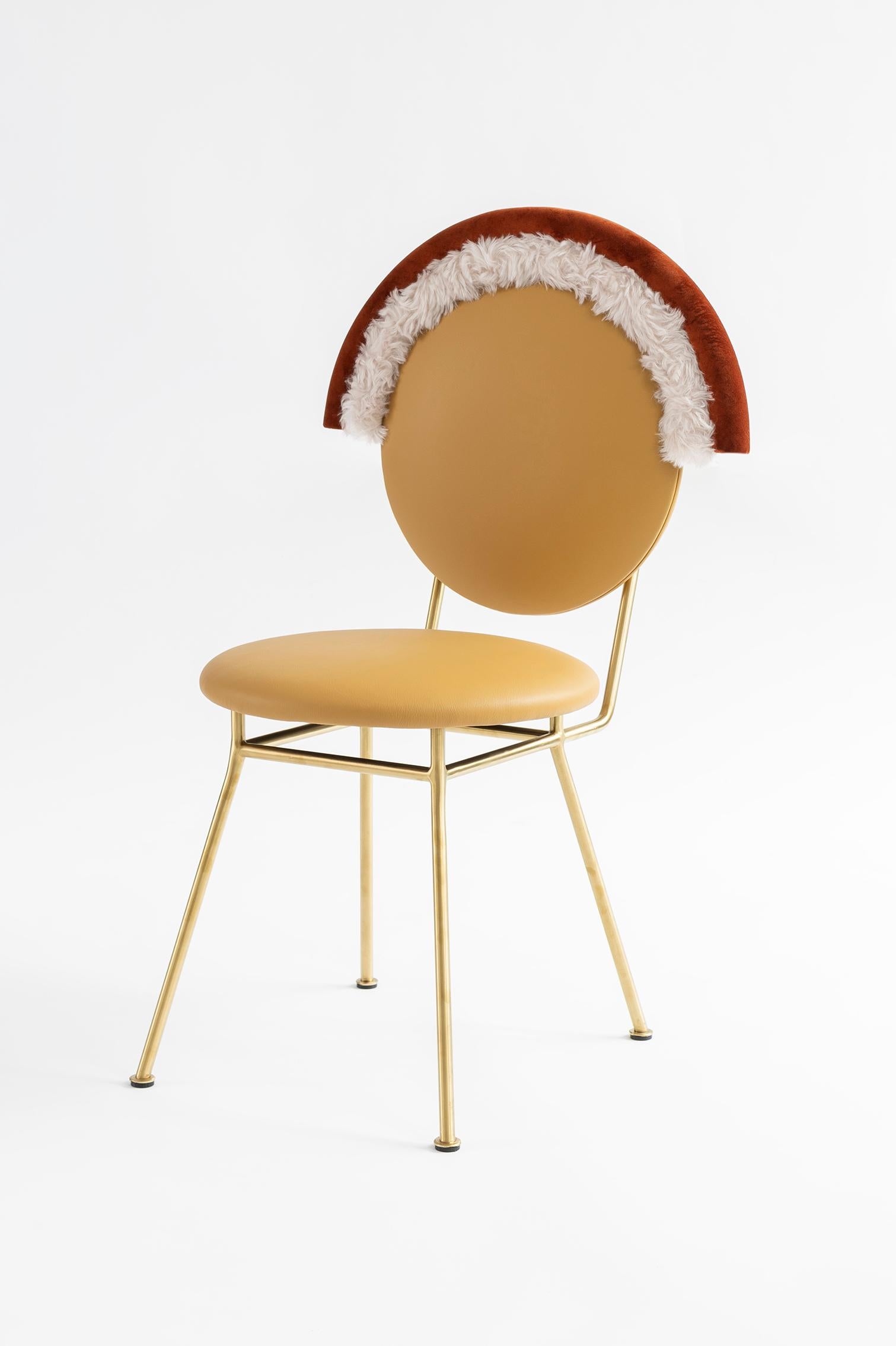 Turkish Contemporary Iris Chair with Leather, Velvet, Faux fur and Brass Finished Legs For Sale