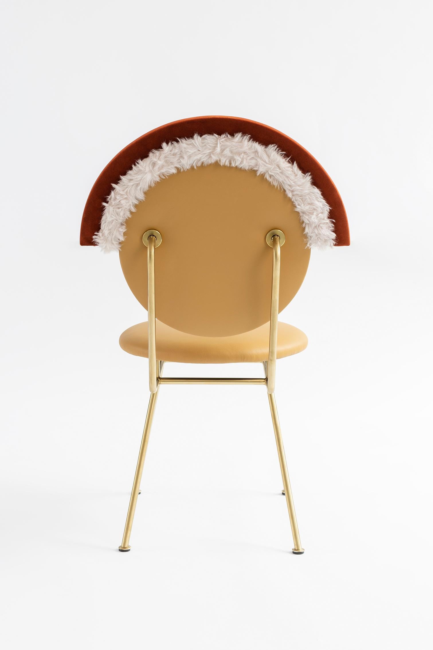 Welded Contemporary Iris Chair with Leather, Velvet, Faux fur and Brass Finished Legs For Sale