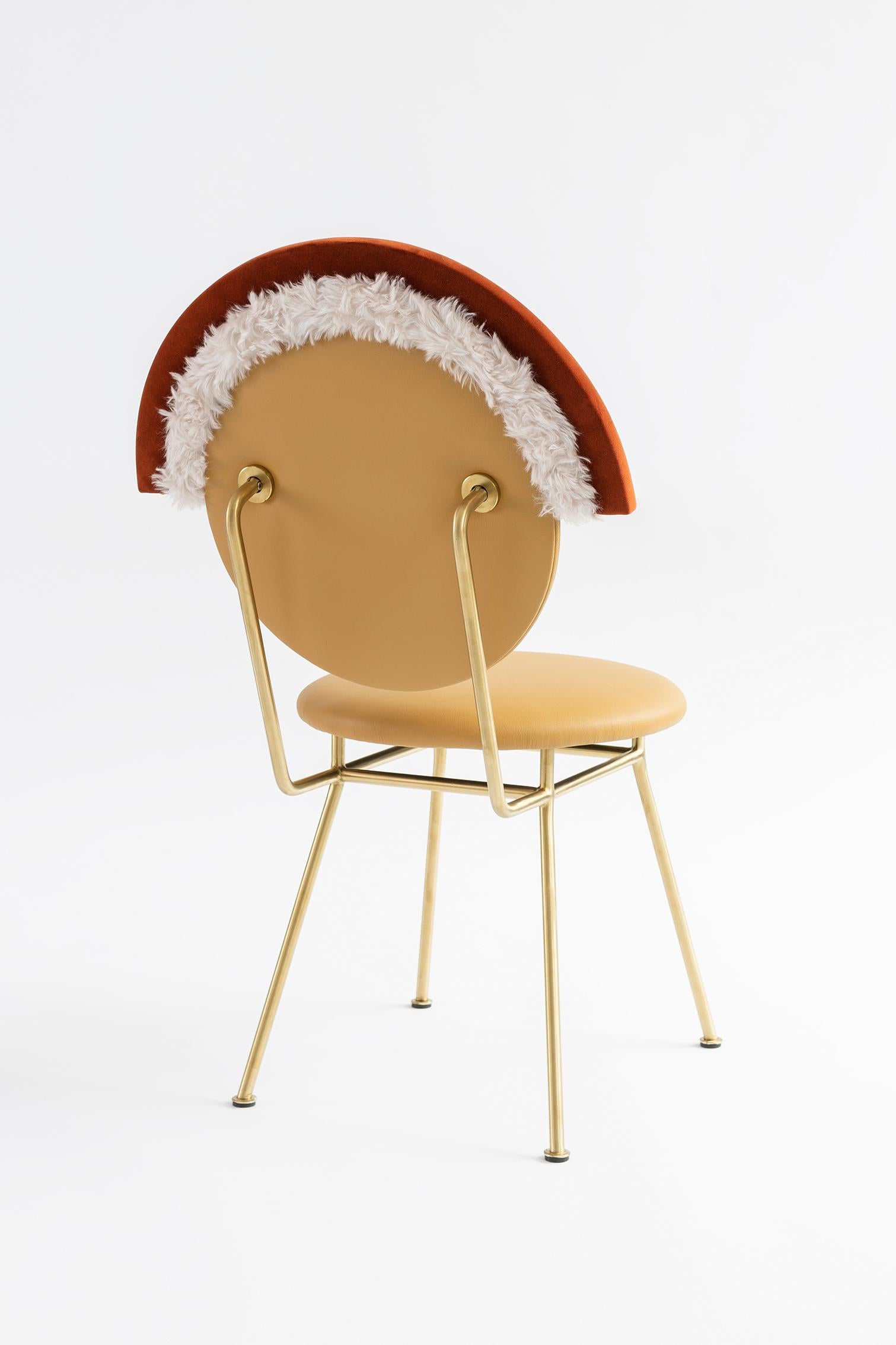 Contemporary Iris Chair with Leather, Velvet, Faux fur and Brass Finished Legs In New Condition For Sale In New York, NY