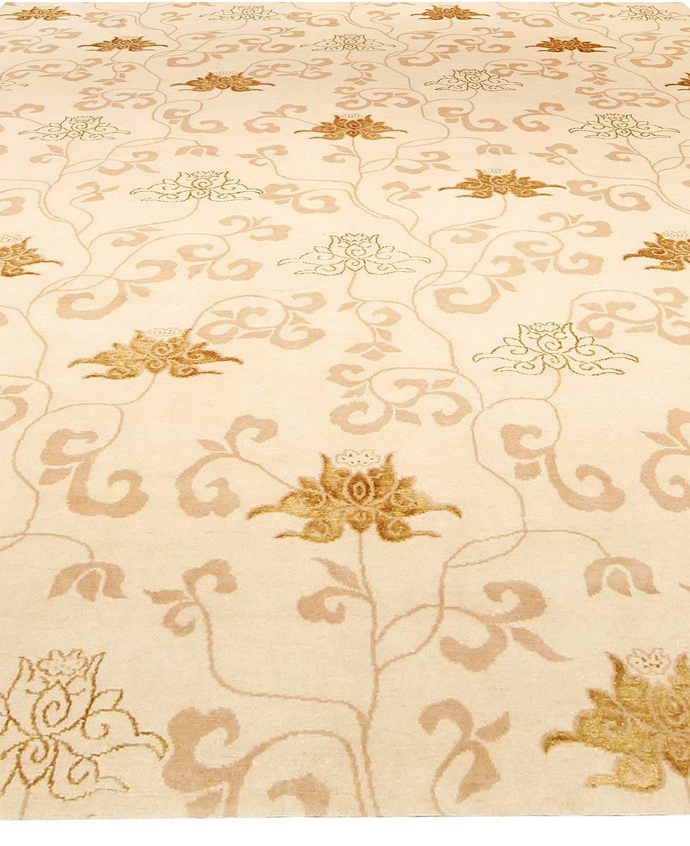 Modern Contemporary Surface Subtly Floral Beige and Brown Silk Rug by Doris Leslie Blau For Sale