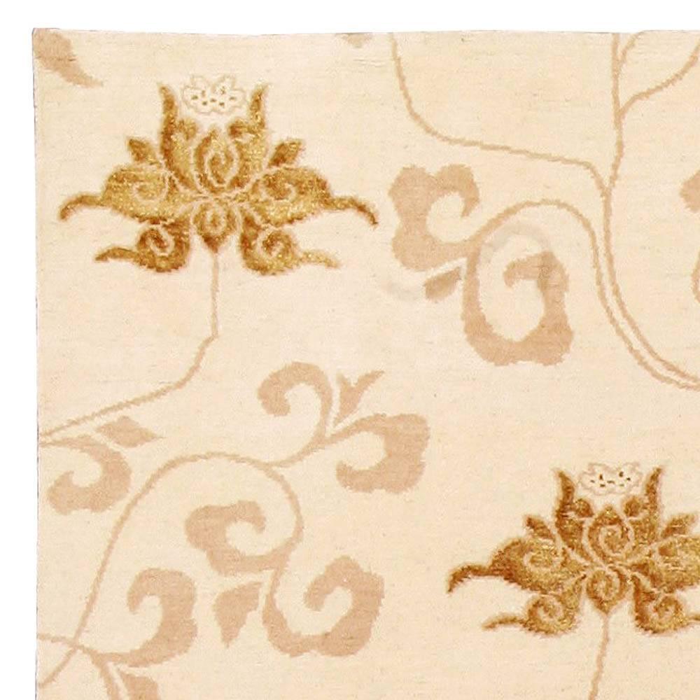 Hand-Knotted Contemporary Surface Subtly Floral Beige and Brown Silk Rug by Doris Leslie Blau For Sale