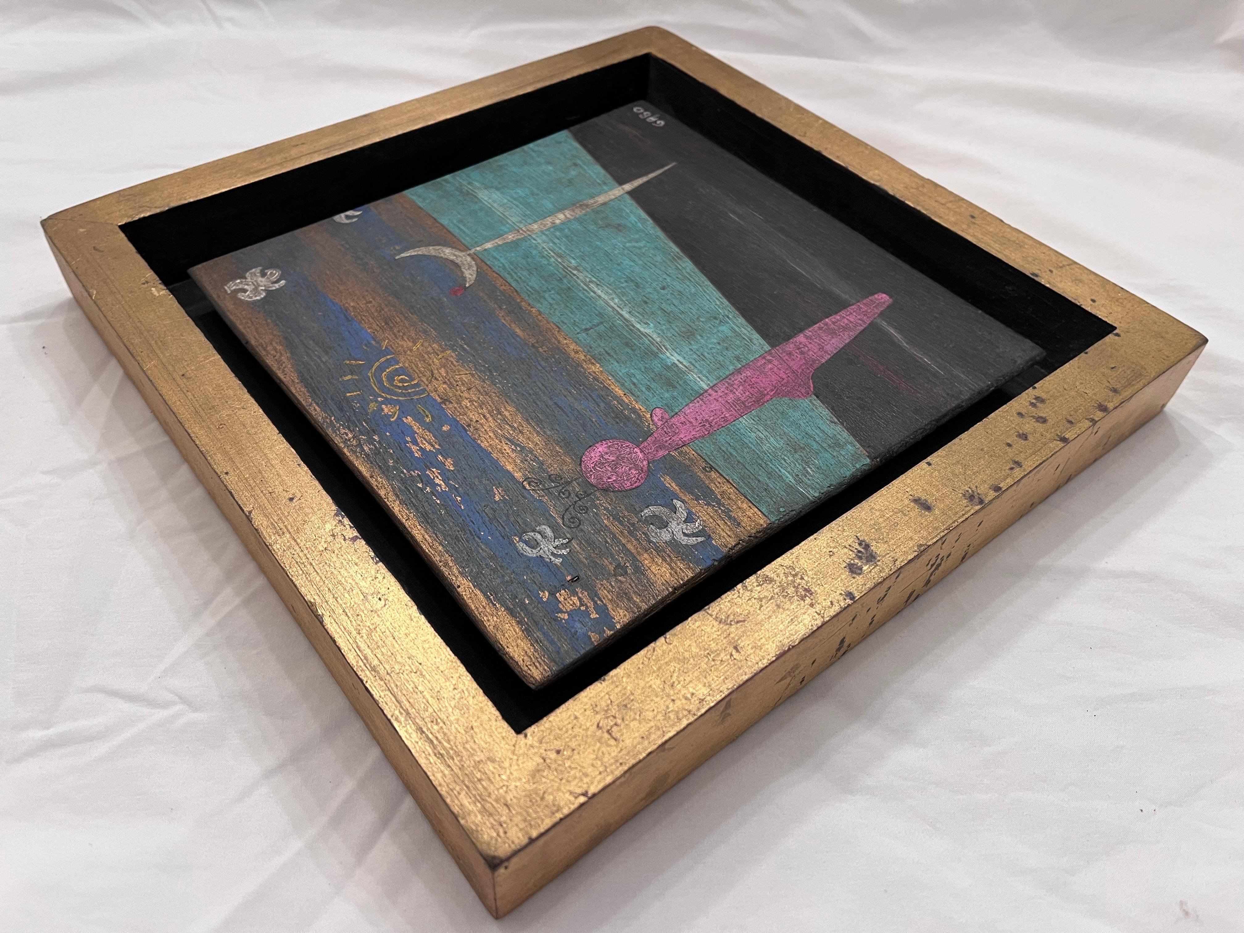 Wood Contemporary Surrealist Painting Signed Gabo in a Gilt Shadowbox Picture Frame