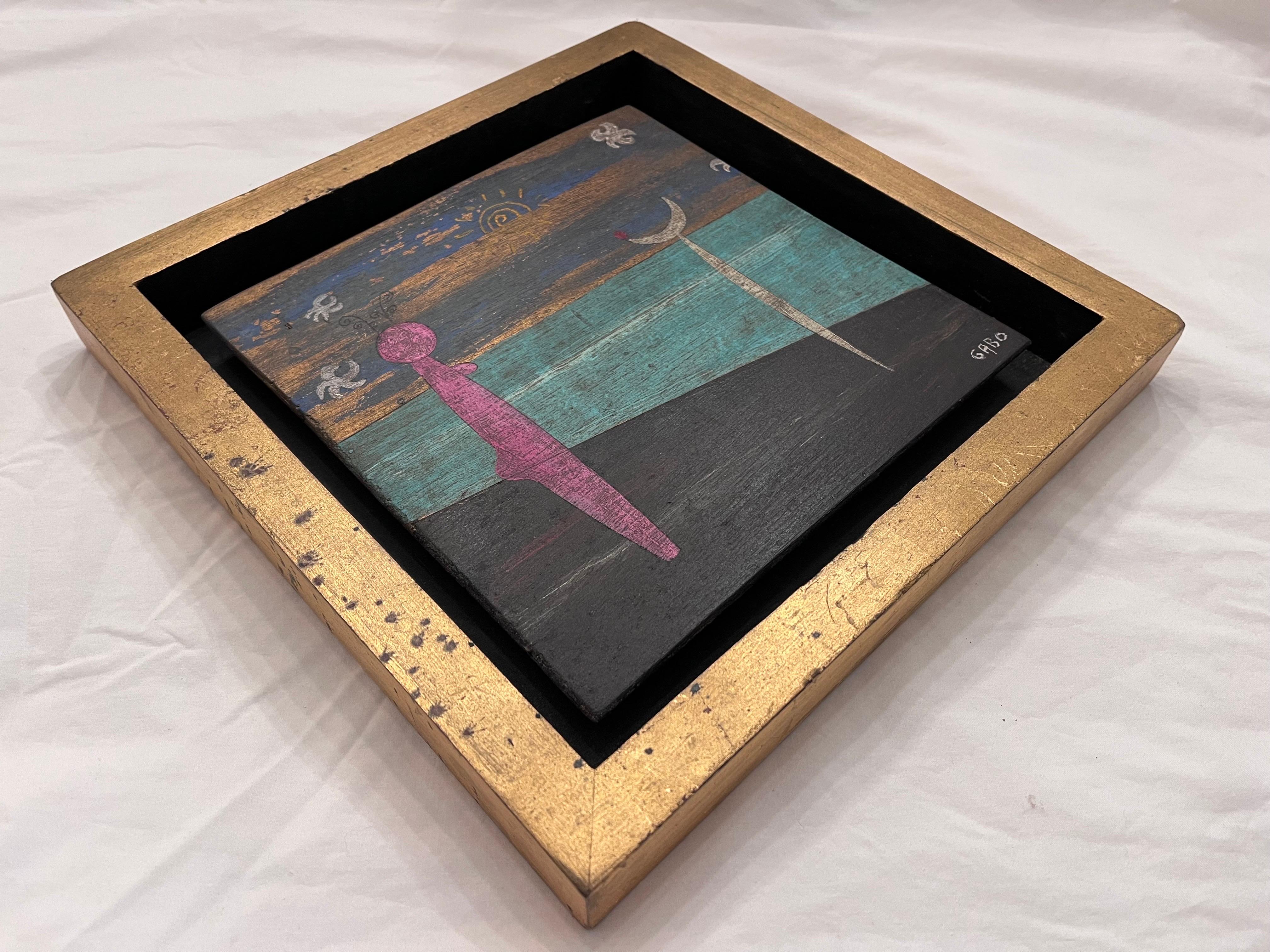 Contemporary Surrealist Painting Signed Gabo in a Gilt Shadowbox Picture Frame 3