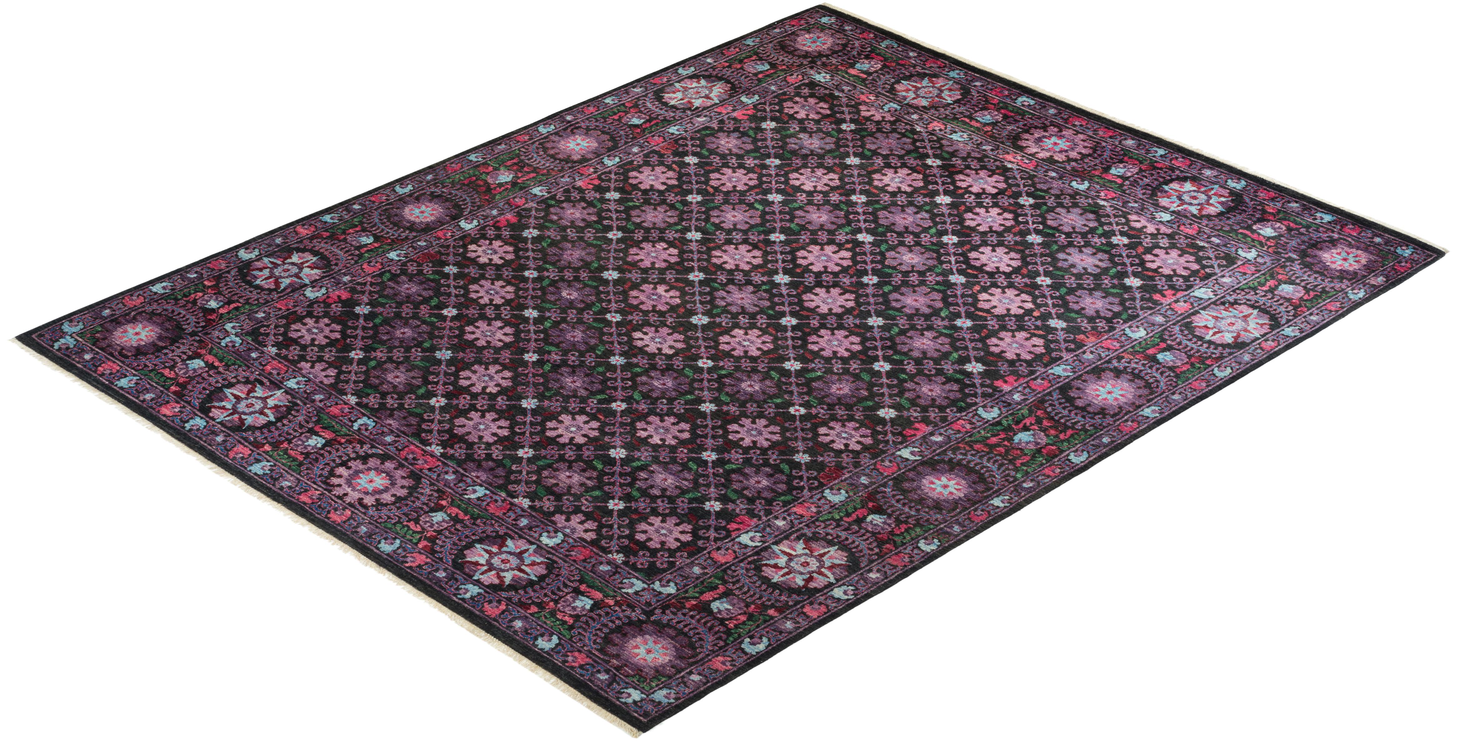Contemporary Suzani Hand Knotted Wool Black Area Rug  im Angebot 2