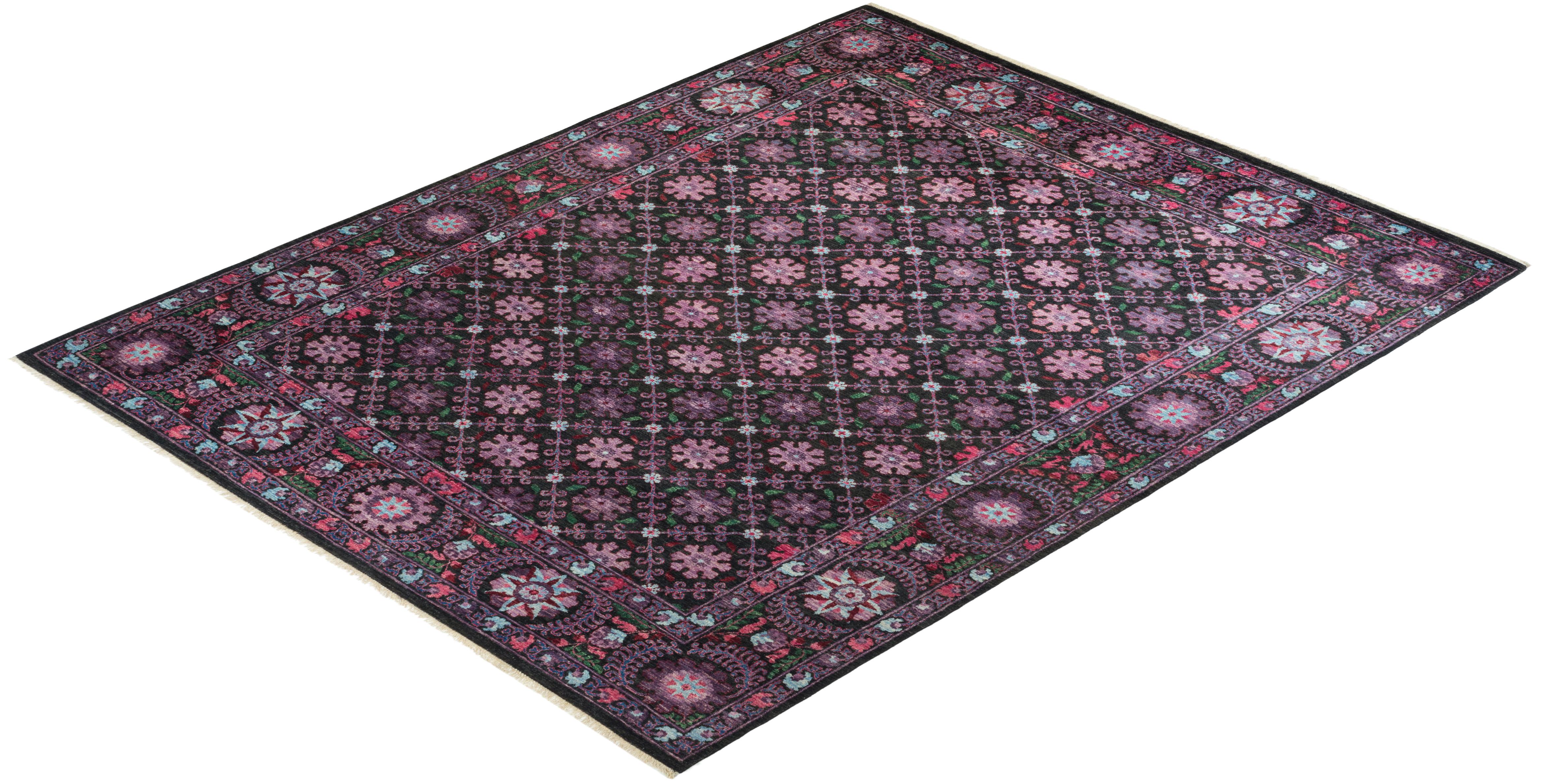 Contemporary Suzani Hand Knotted Wool Black Area Rug 4