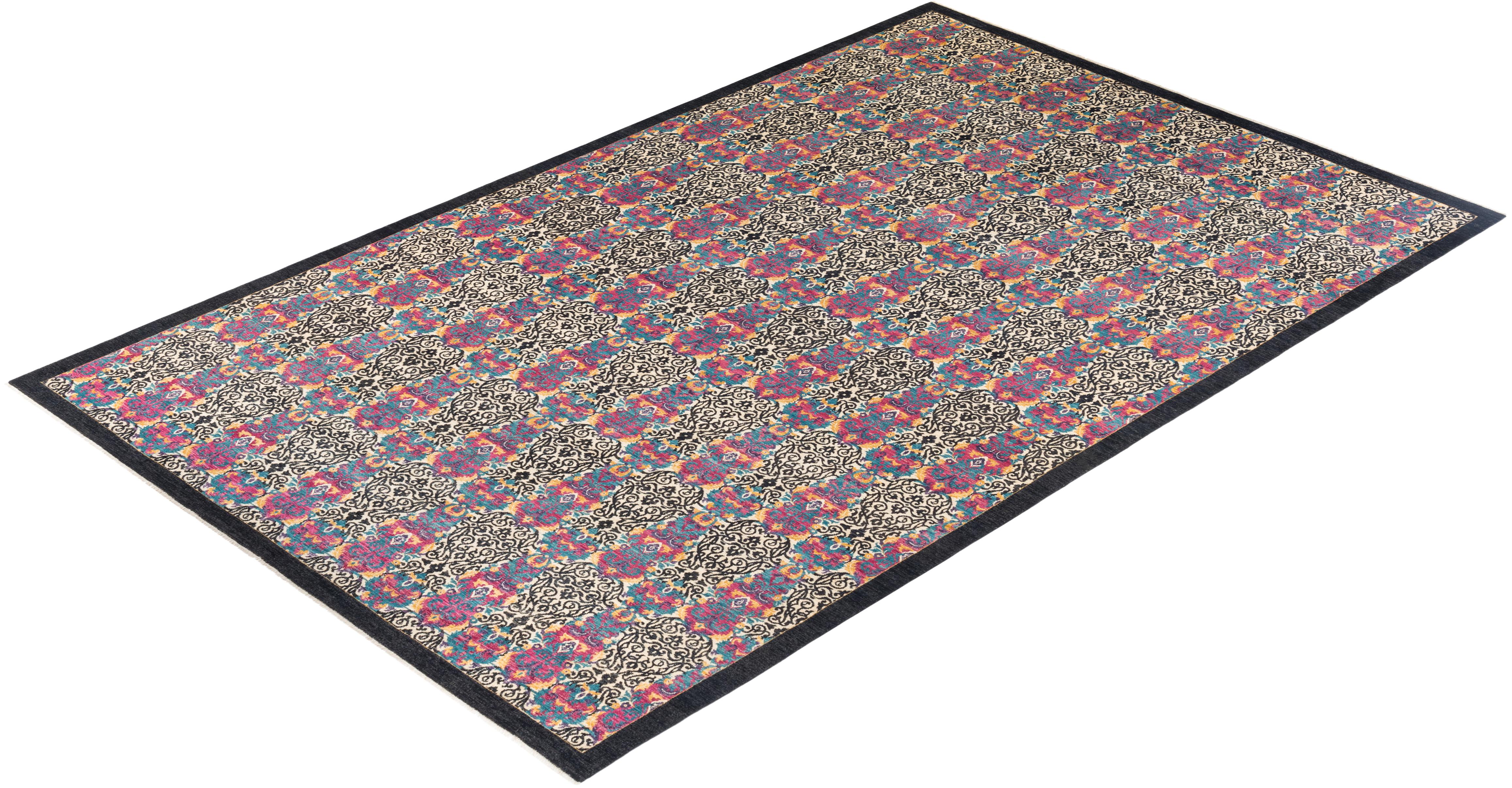 Contemporary Suzani Hand Knotted Wool Black Area Rug For Sale 4