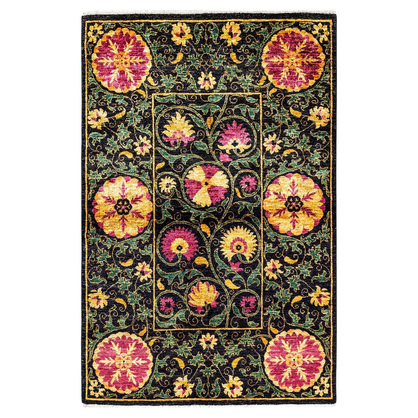 Contemporary Suzani Hand Knotted Wool Black Area Rug im Angebot