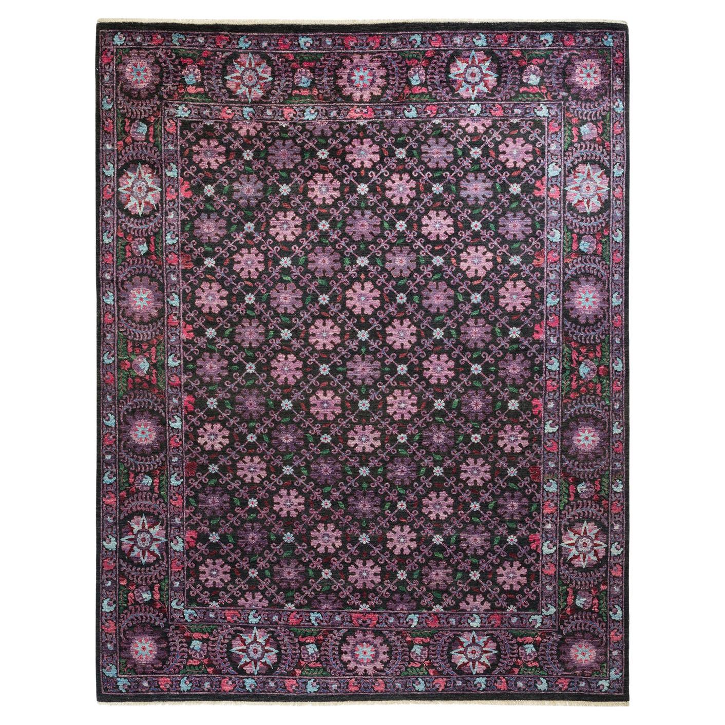 Contemporary Suzani Hand Knotted Wool Black Area Rug  For Sale