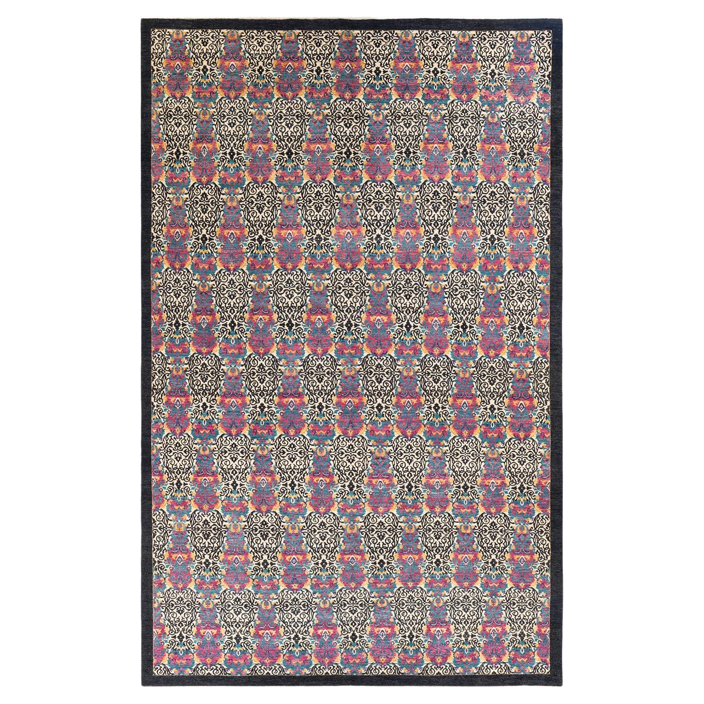 Contemporary Suzani Hand Knotted Wool Black Area Rug For Sale