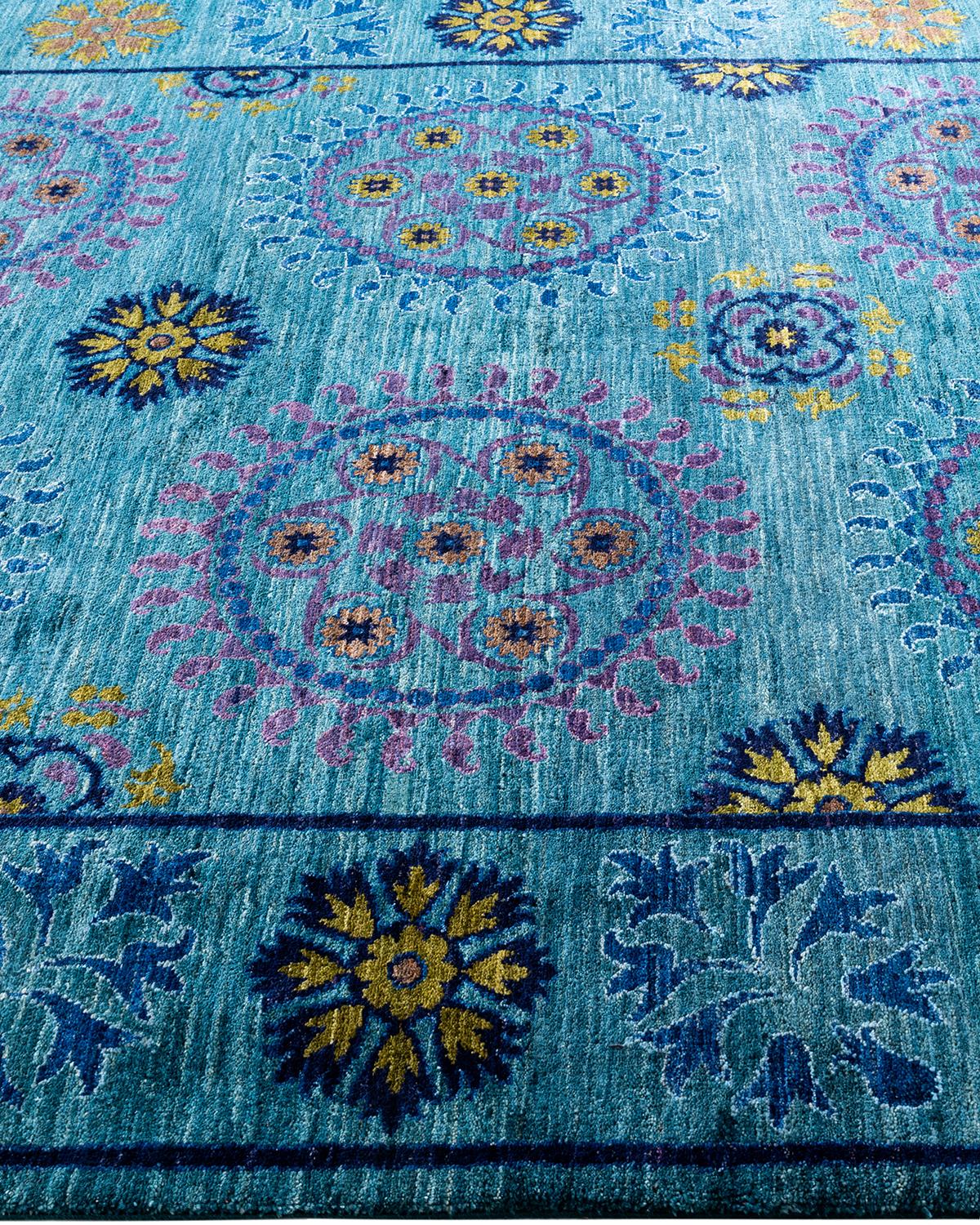 Contemporary Suzani Hand Knotted Wool Blue Area Rug  In New Condition For Sale In Norwalk, CT